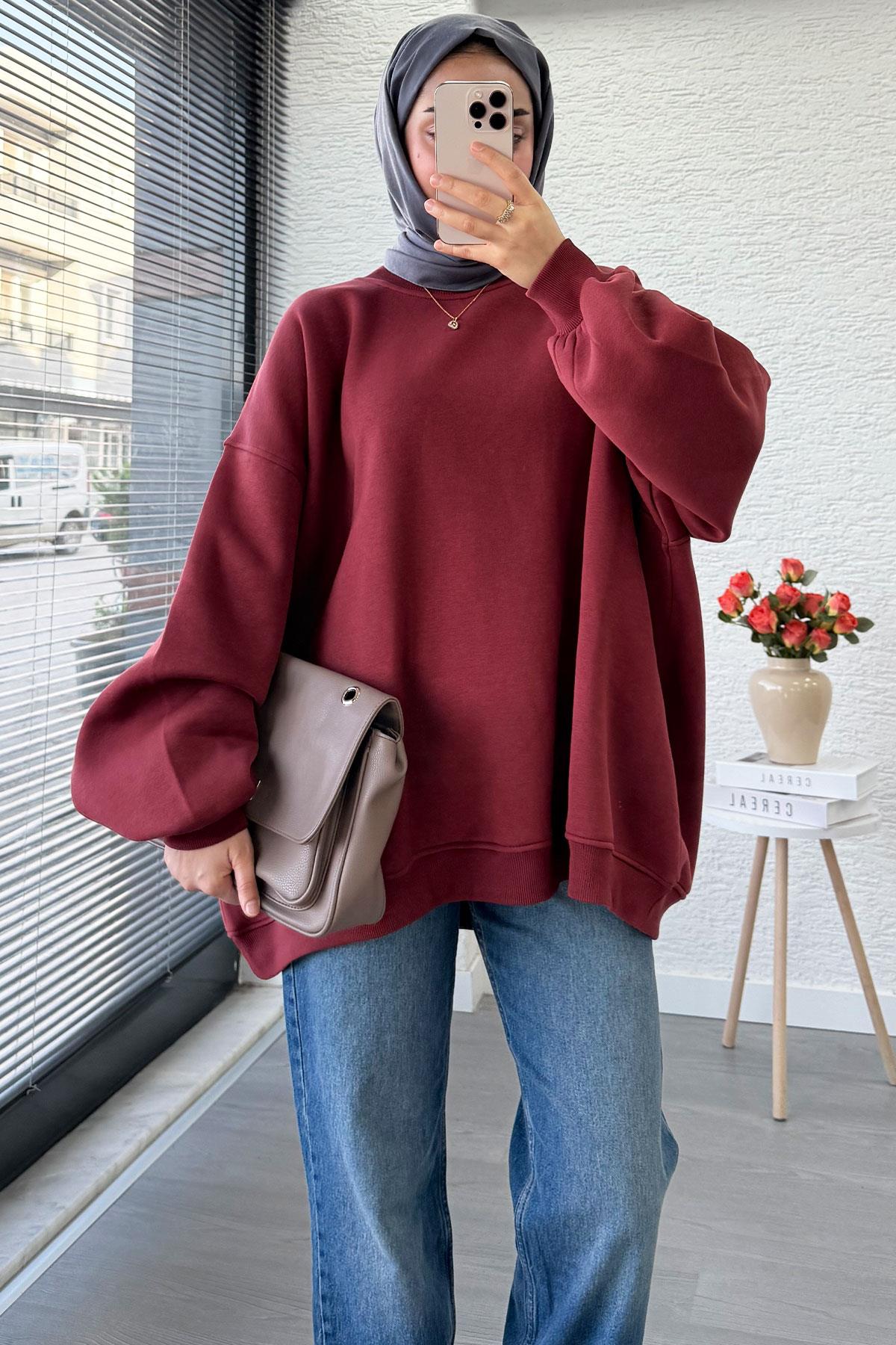 Bisiklet Yaka Oversize Kadın Sweat – Bordo