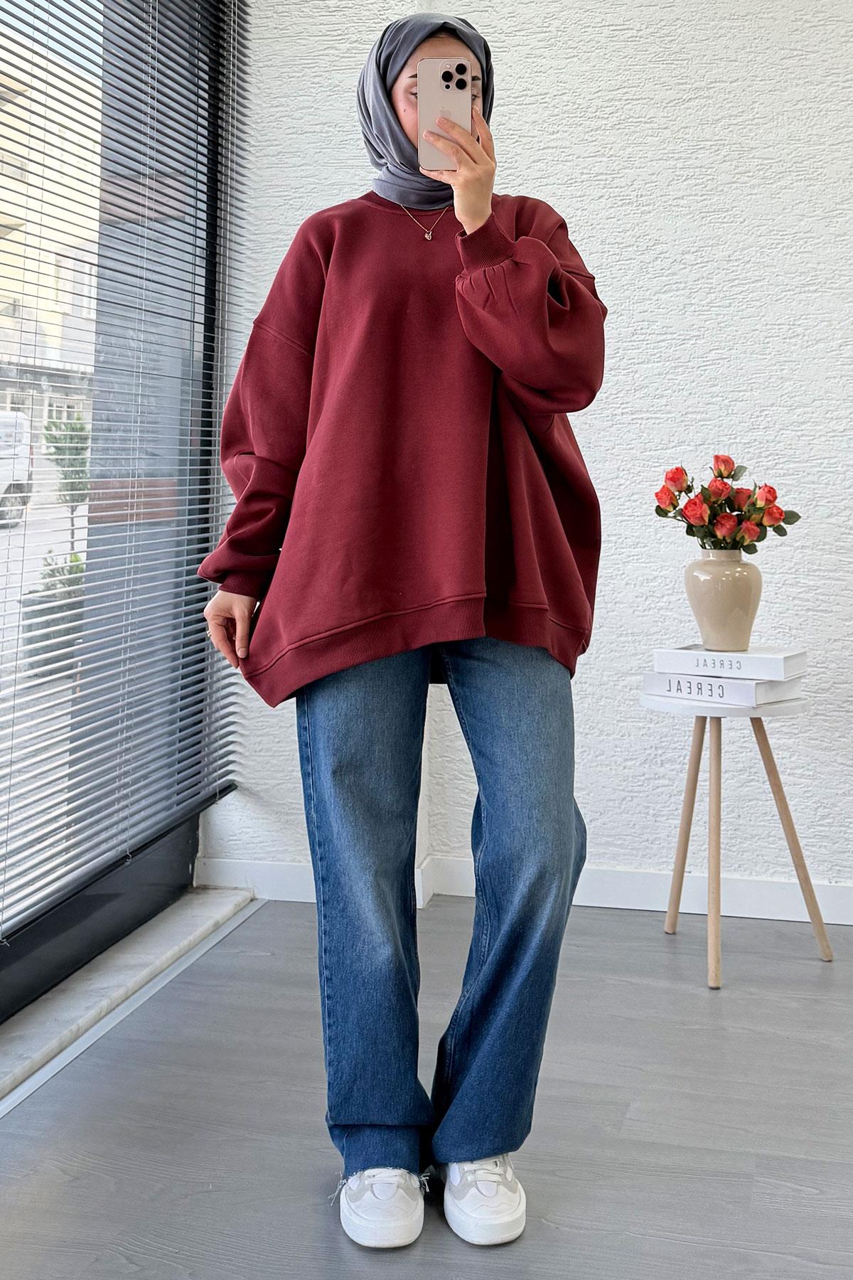 Bisiklet Yaka Oversize Kadın Sweat – Bordo