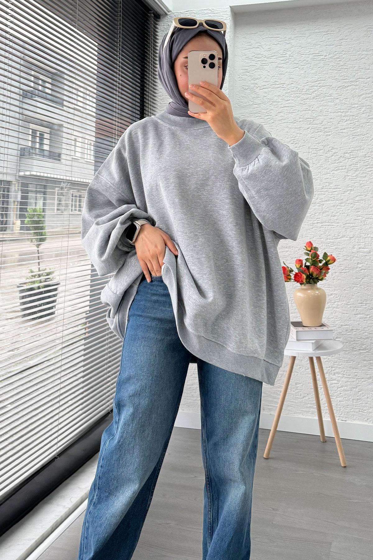 Bisiklet Yaka Oversize Kadın Sweat – Gri