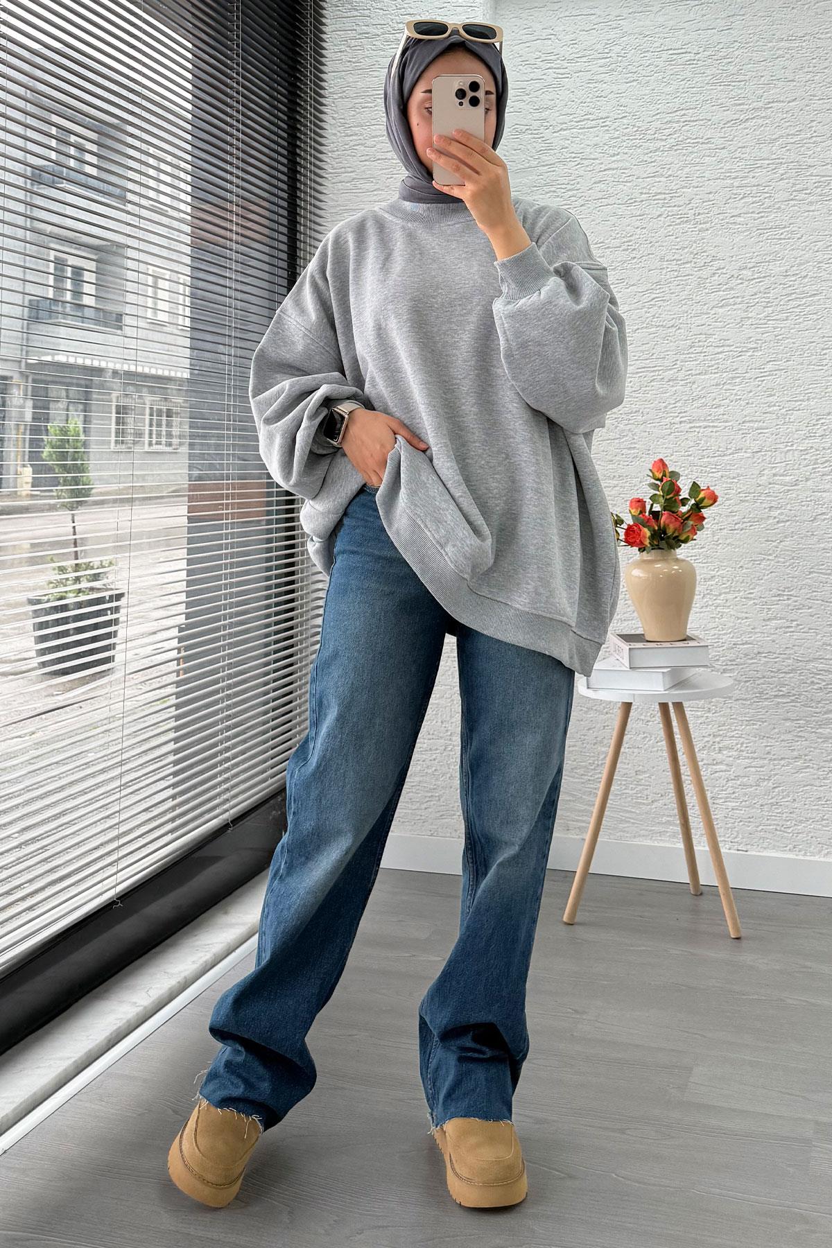 Bisiklet Yaka Oversize Kadın Sweat – Gri