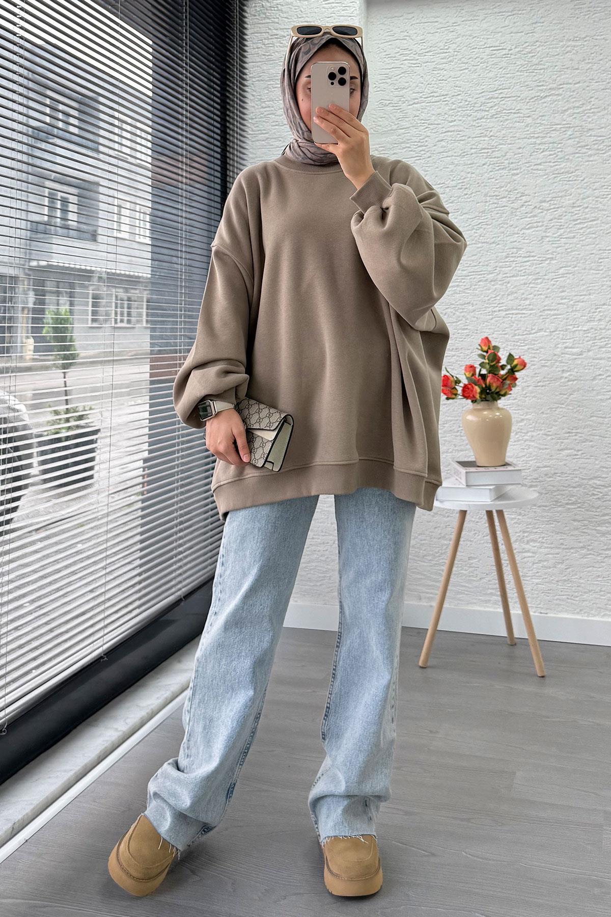 Bisiklet Yaka Oversize Kadın Sweat – Haki