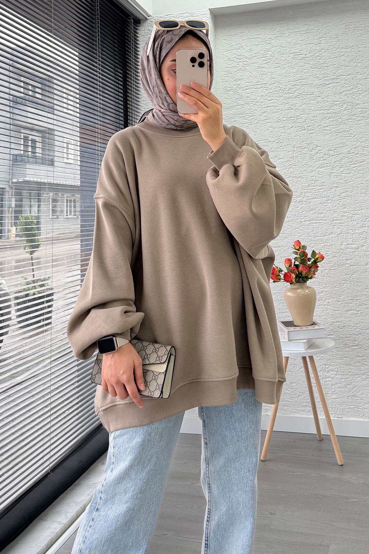 Bisiklet Yaka Oversize Kadın Sweat – Haki