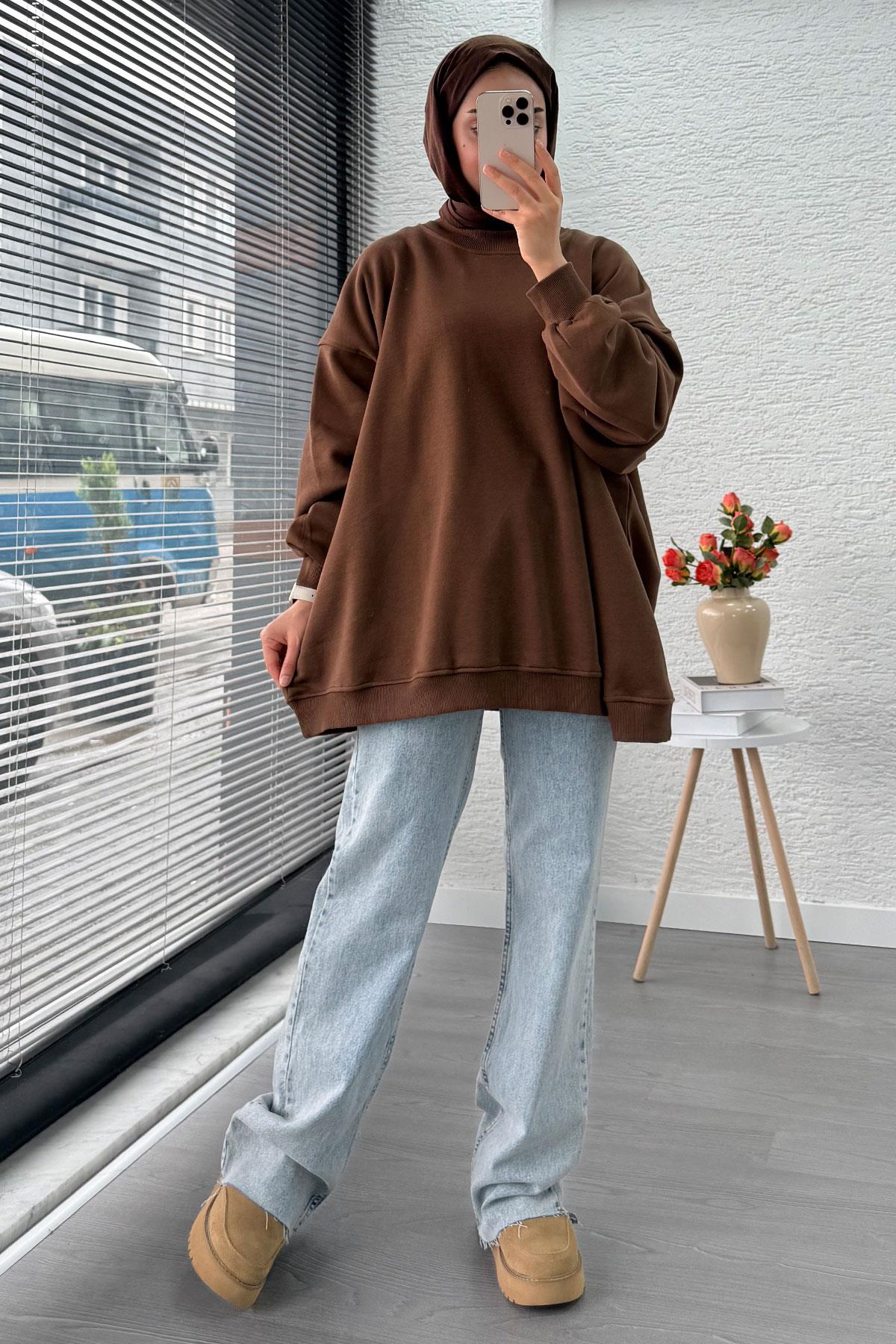 Bisiklet Yaka Oversize Kadın Sweat – Kahverengi