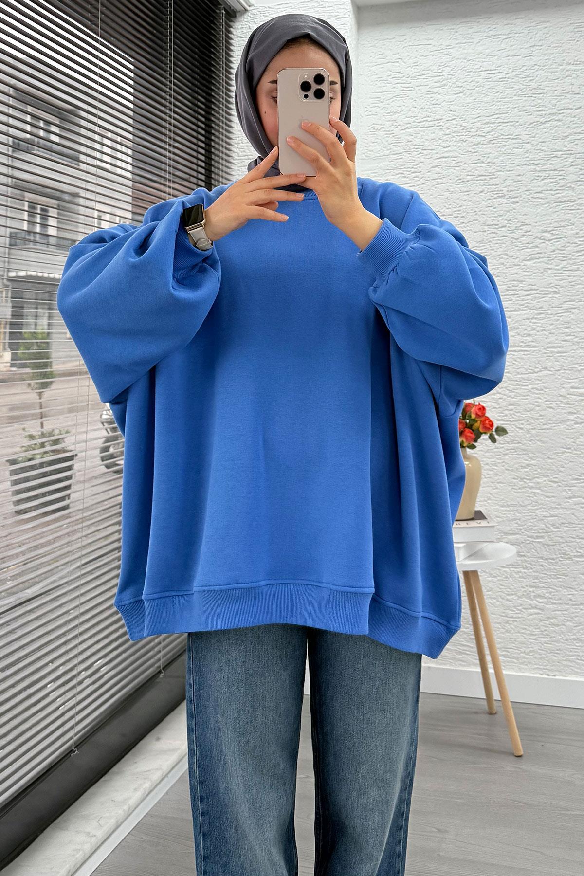 Bisiklet Yaka Oversize Kadın Sweat – Mavi