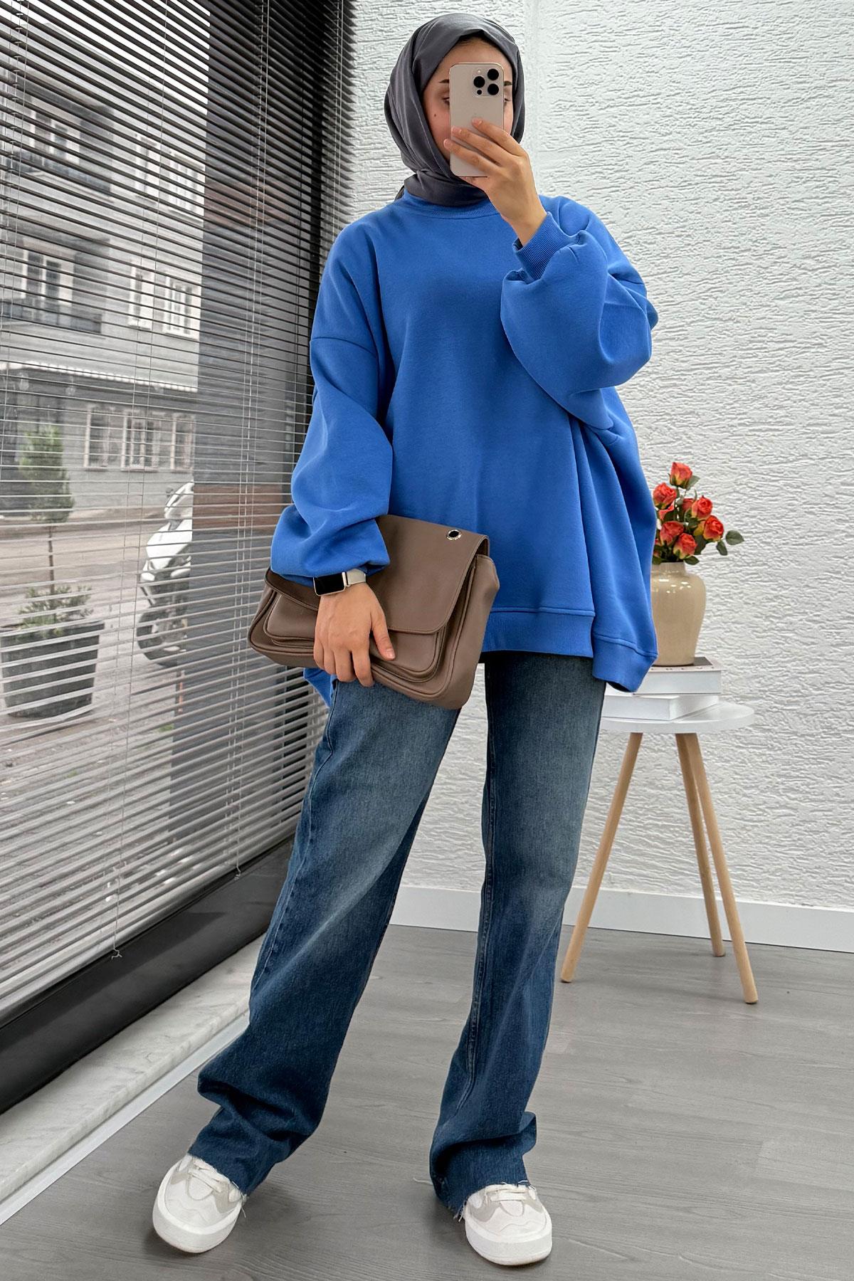 Bisiklet Yaka Oversize Kadın Sweat – Mavi