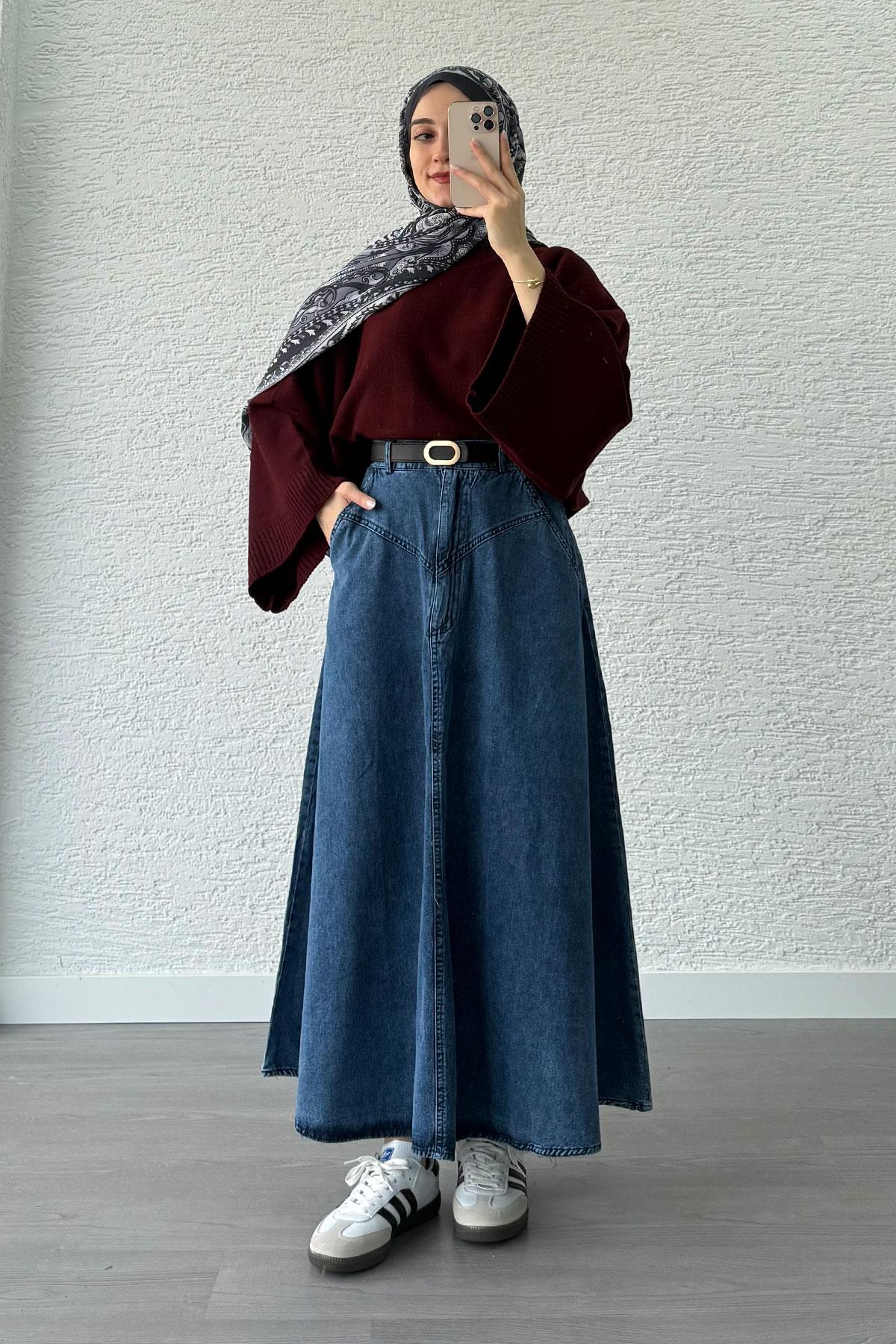 Biye Detay Kloş Denim Kot Etek Modeli