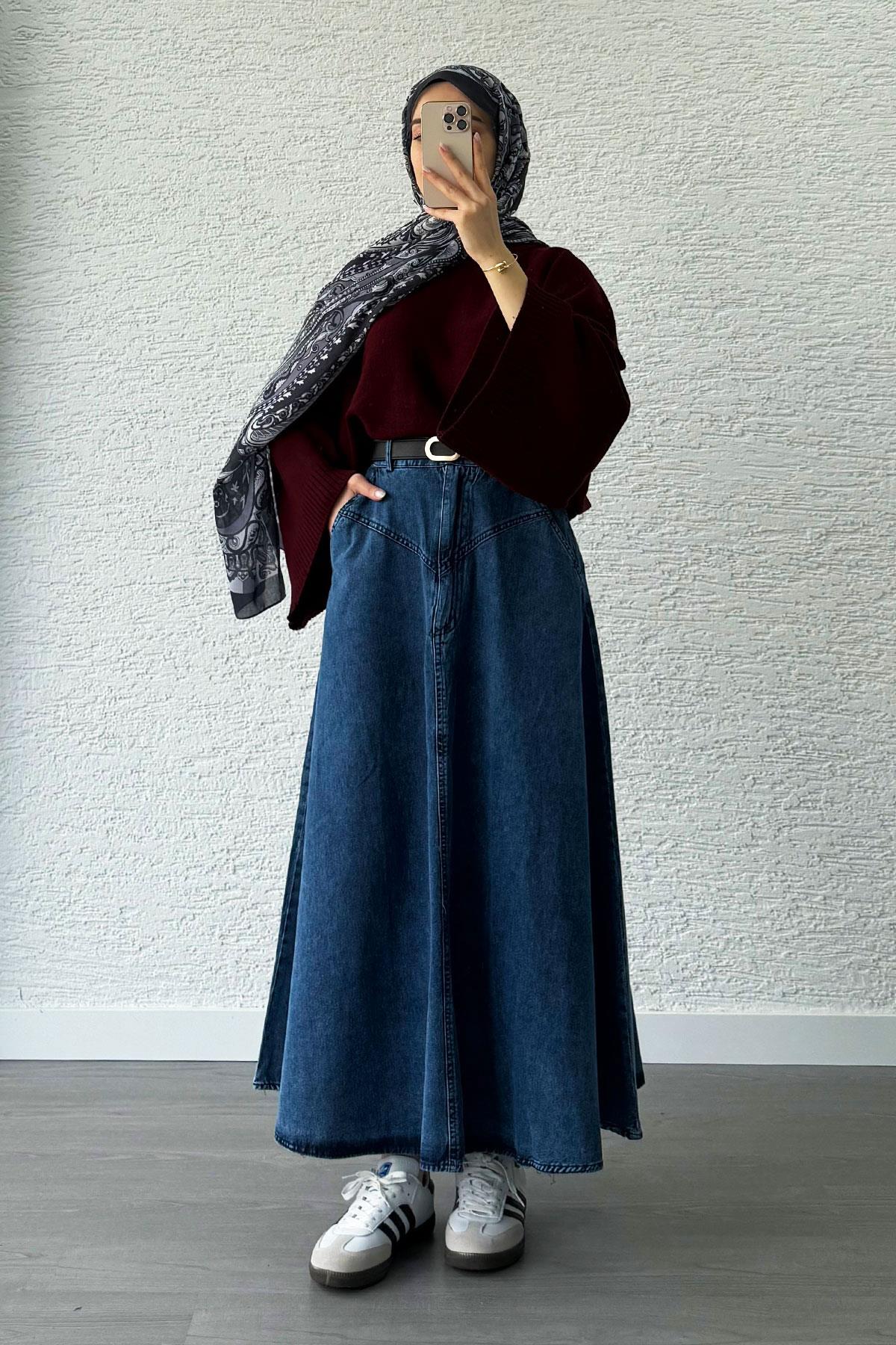 Biye Detay Kloş Denim Kot Etek Modeli