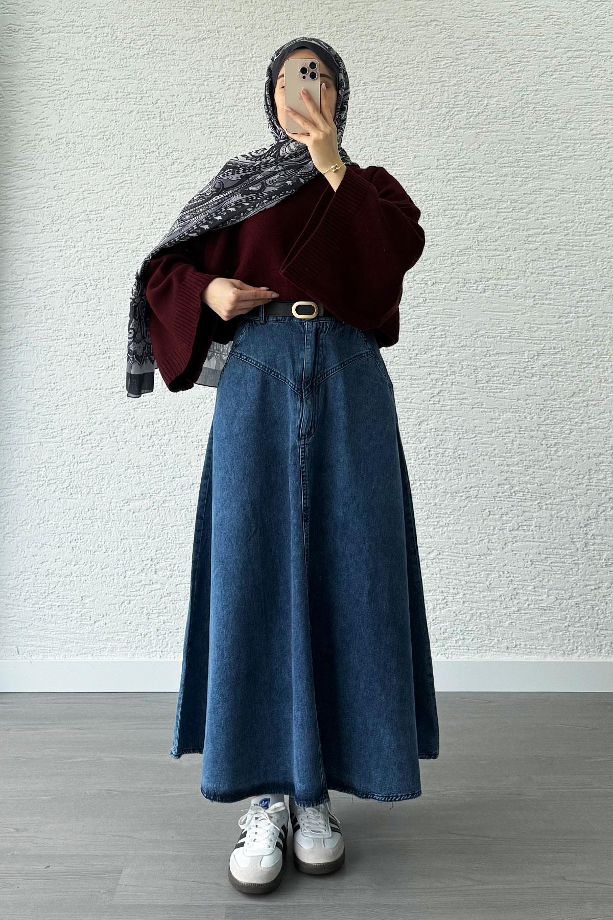 Biye Detay Kloş Denim Kot Etek Modeli