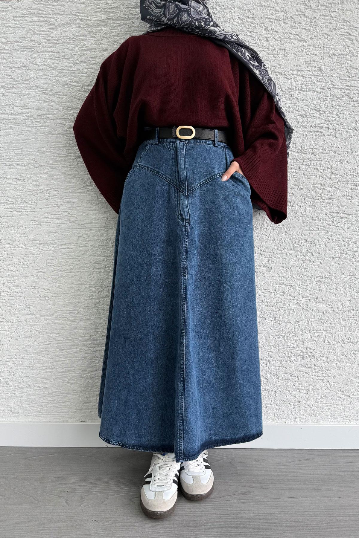 Biye Detay Kloş Denim Kot Etek Modeli