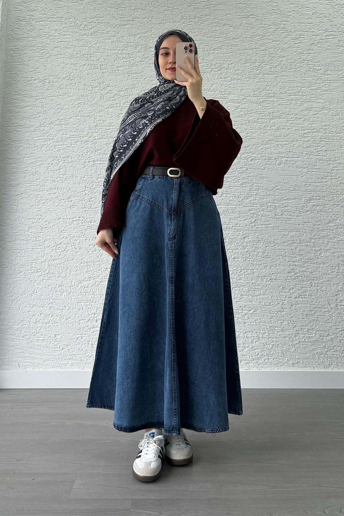 Biye Detay Kloş Denim Kot Etek Modeli