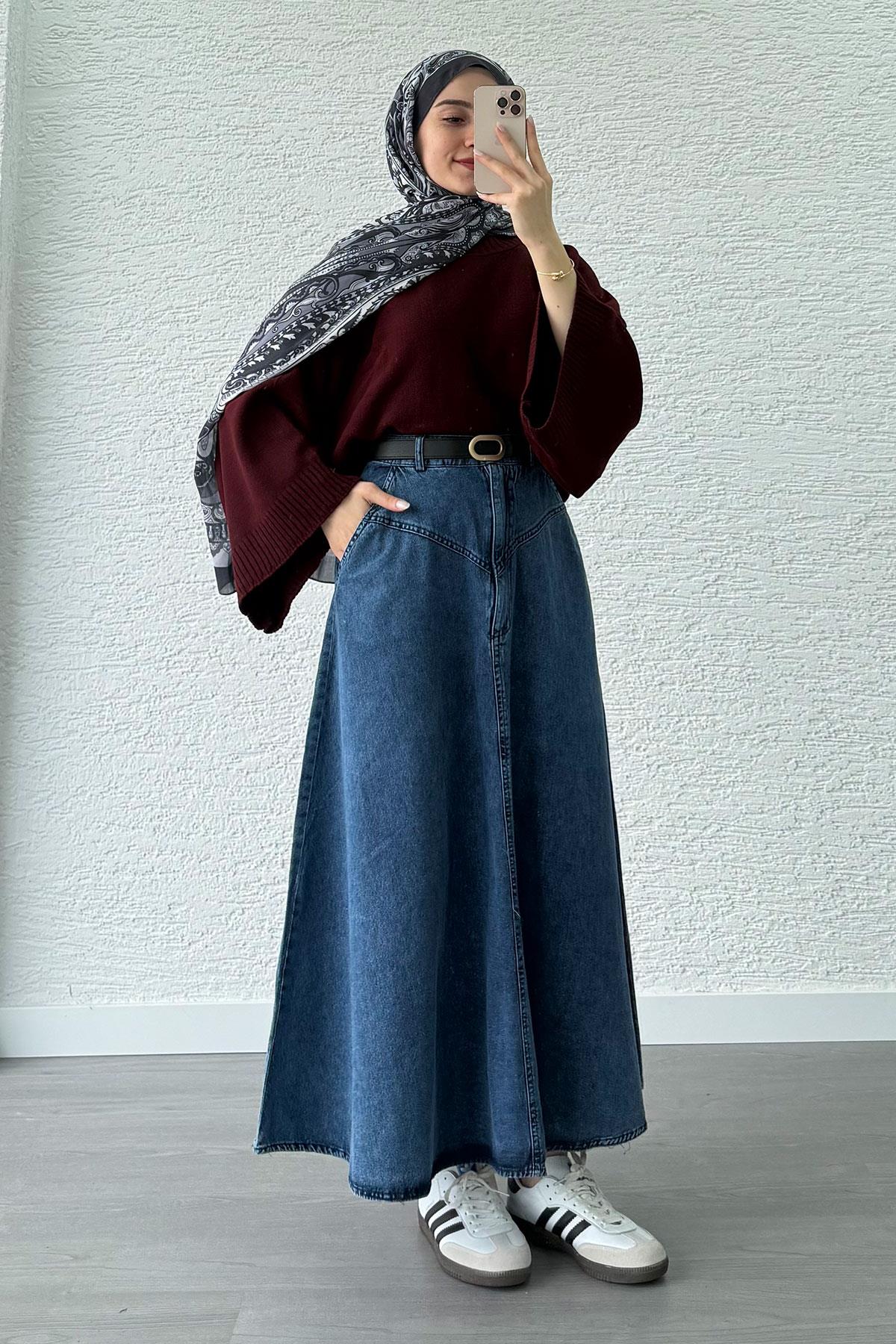 Biye Detay Kloş Denim Kot Etek Modeli