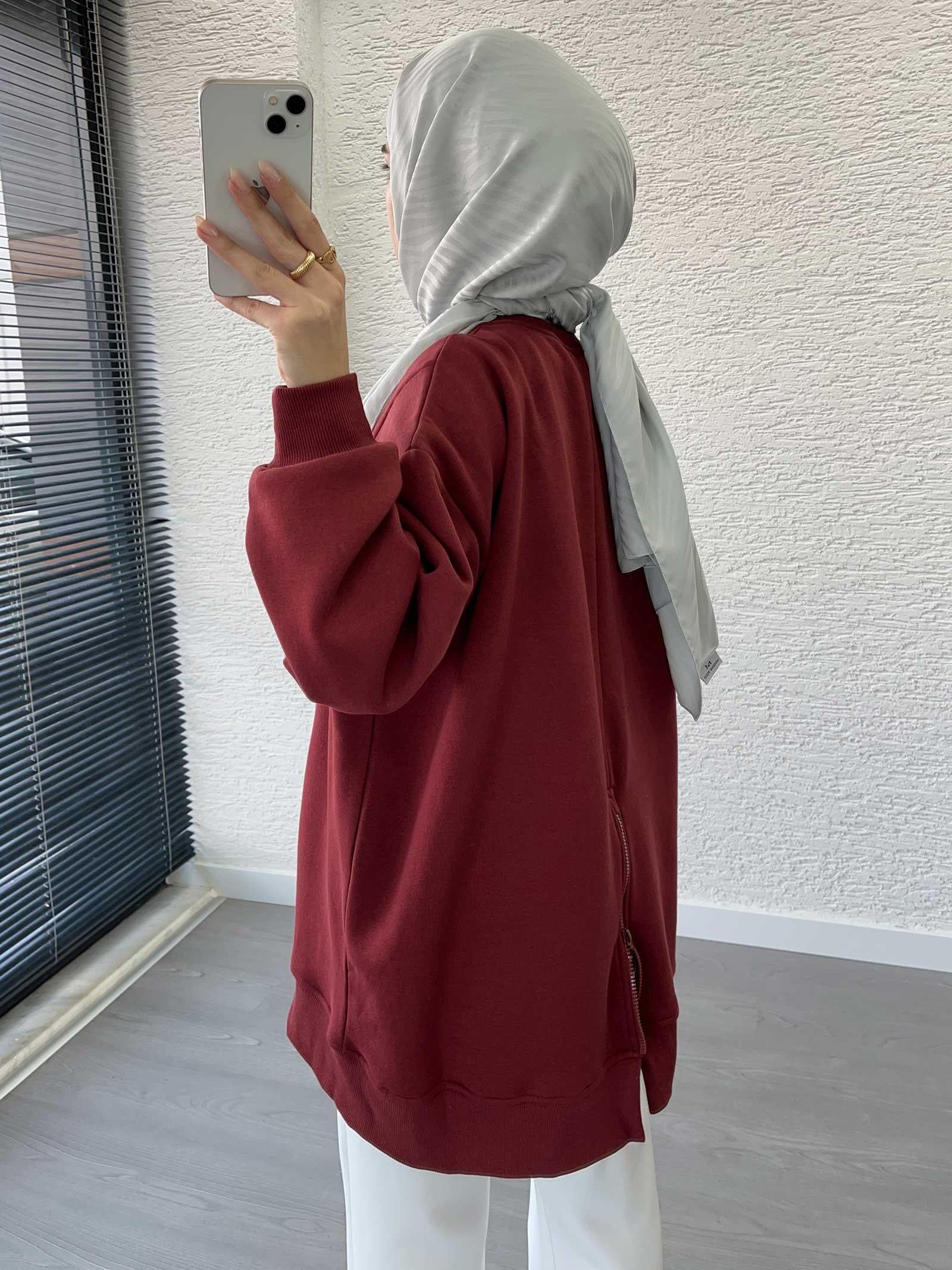 Bordo Arka Fermuar Detaylı Oversize Sweat
