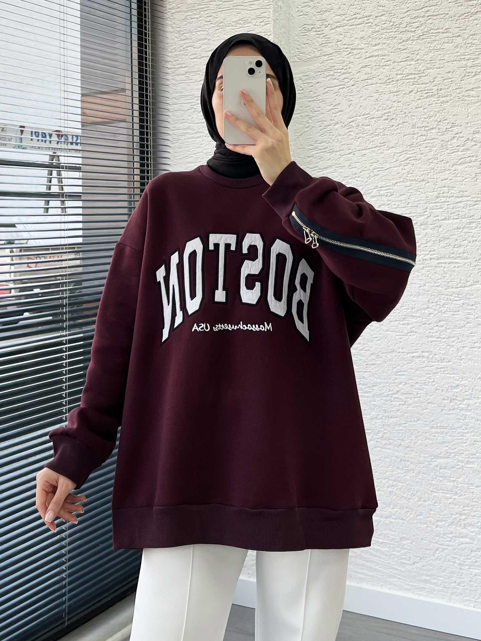 Bordo Arka Fermuarlı Oversize Kadın Sweat