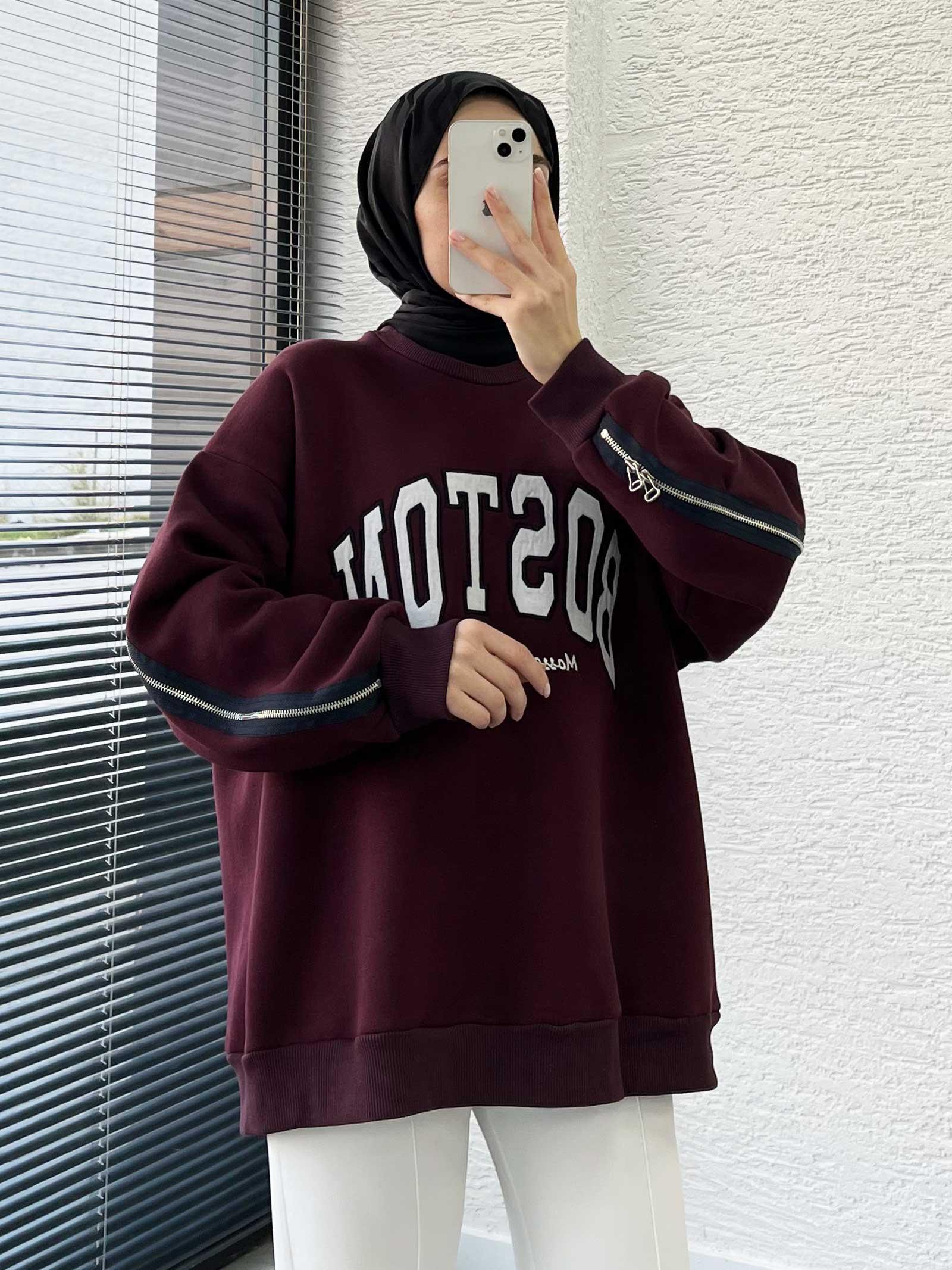 Bordo Arka Fermuarlı Oversize Kadın Sweat