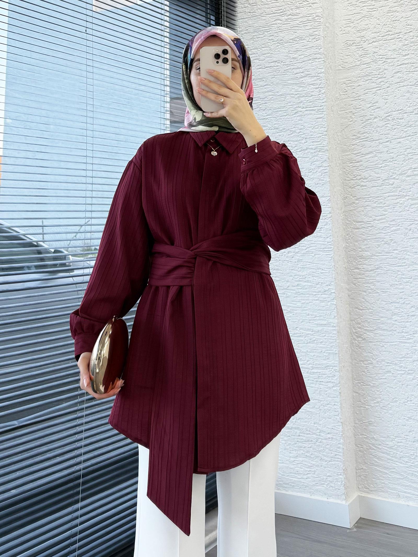 Bordo Bağlama Detaylı Asimetrik Kesim Tunik