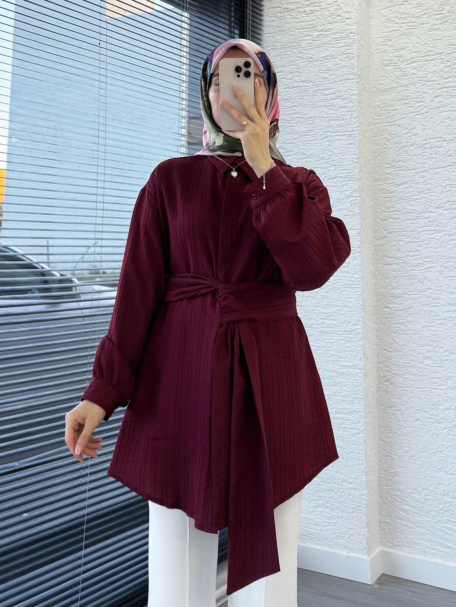 Bordo Bağlama Detaylı Asimetrik Kesim Tunik