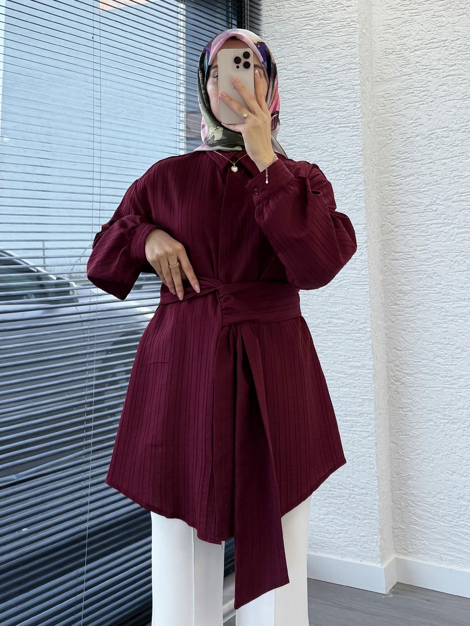 Bordo Bağlama Detaylı Asimetrik Kesim Tunik