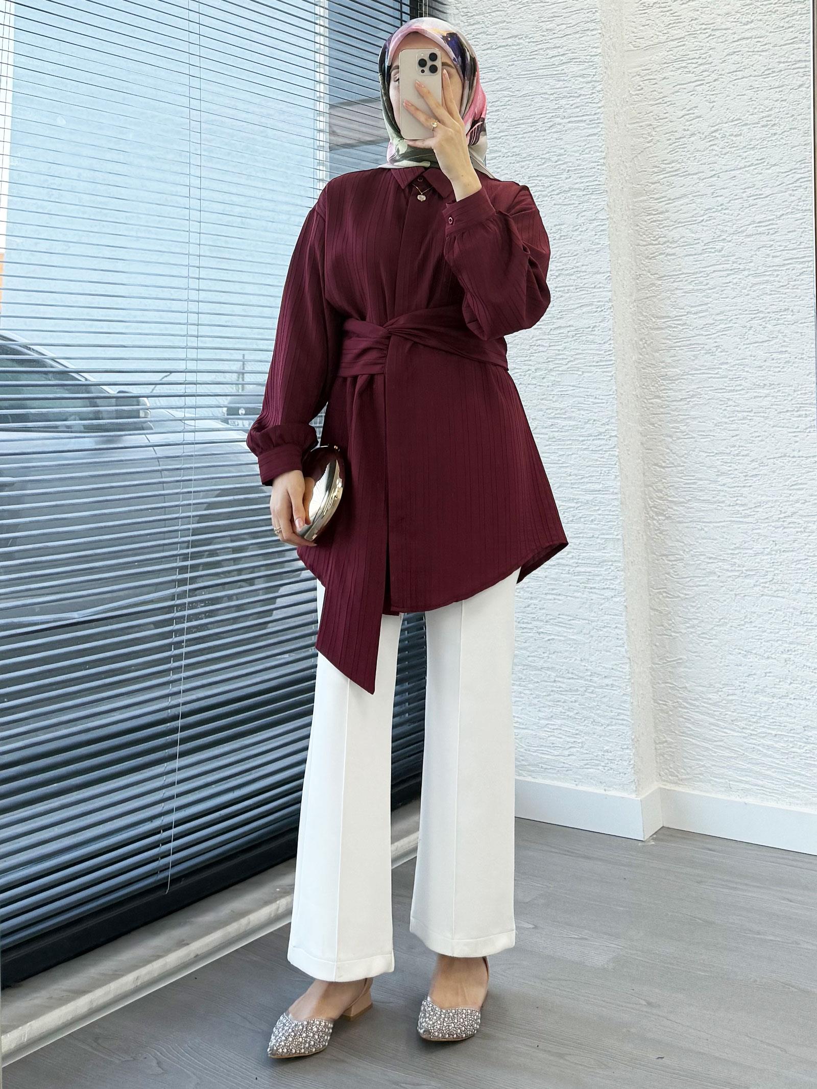 Bordo Bağlama Detaylı Asimetrik Kesim Tunik