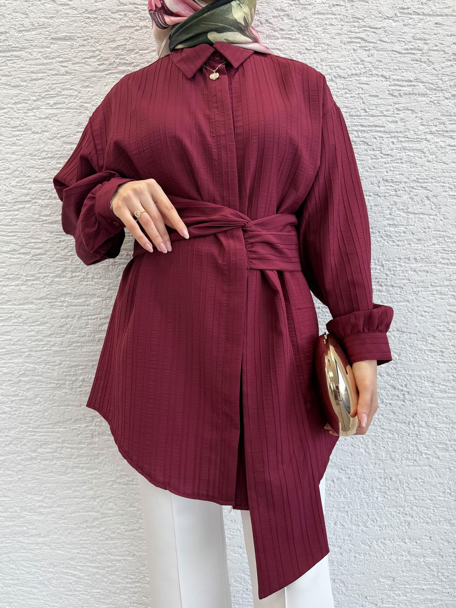 Bordo Bağlama Detaylı Asimetrik Kesim Tunik