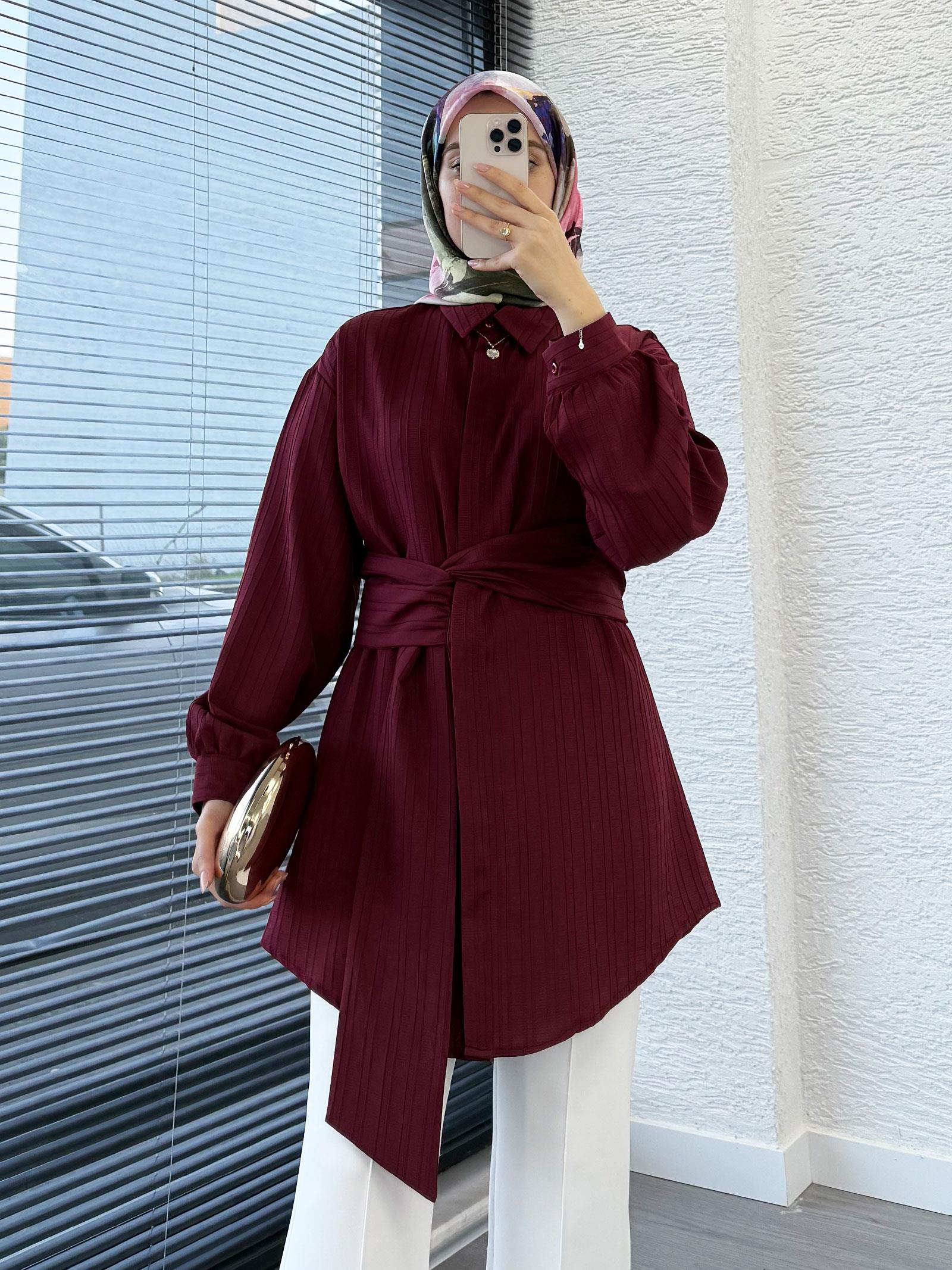 Bordo Bağlama Detaylı Asimetrik Kesim Tunik