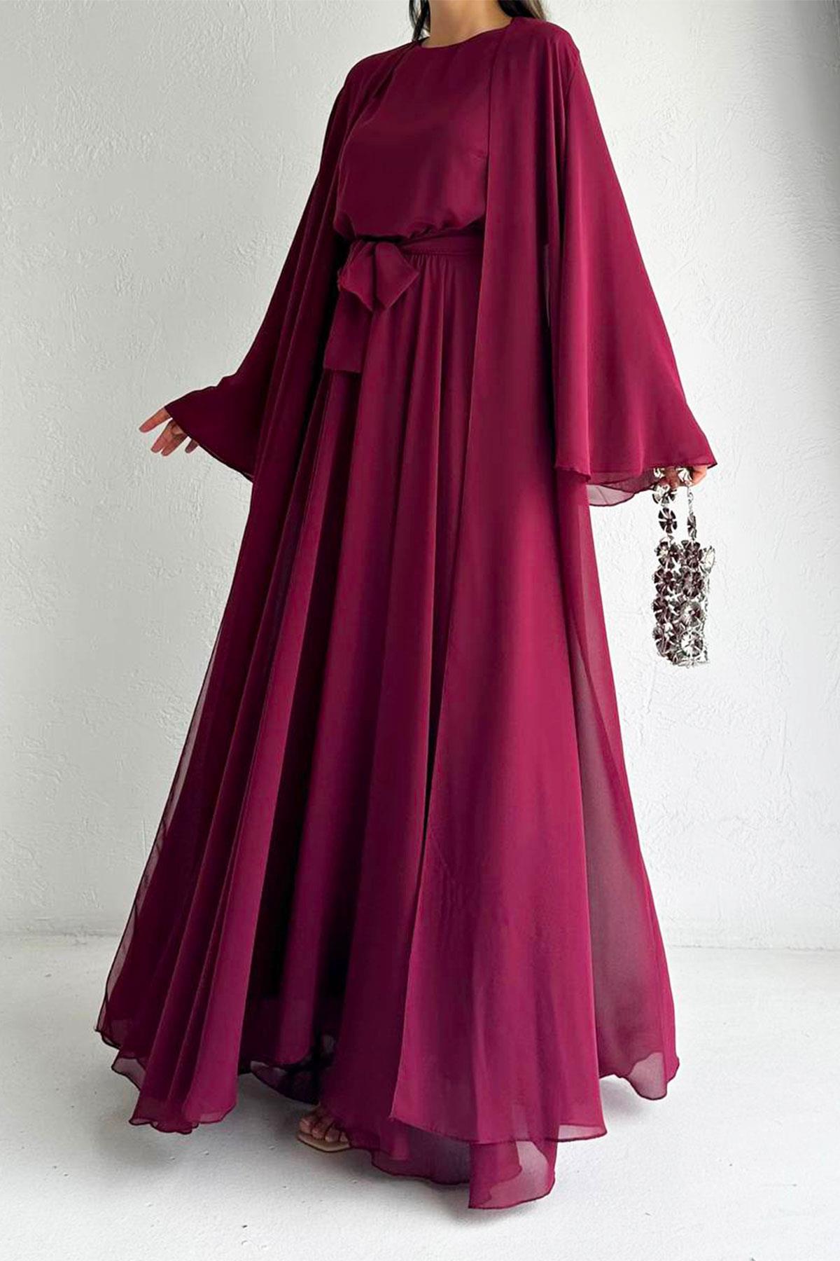 Bordo Bella Şifon Abaya Takım 