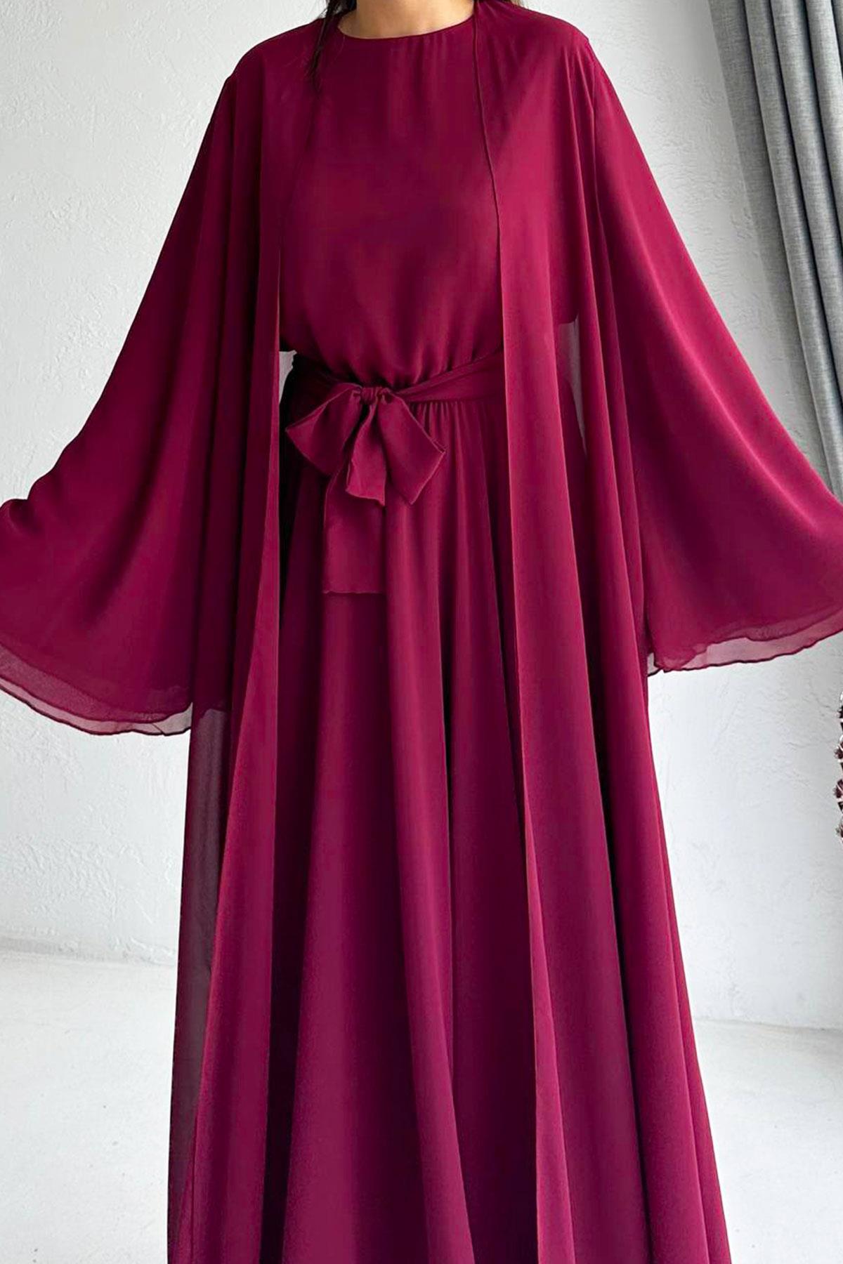 Bordo Bella Şifon Abaya Takım 