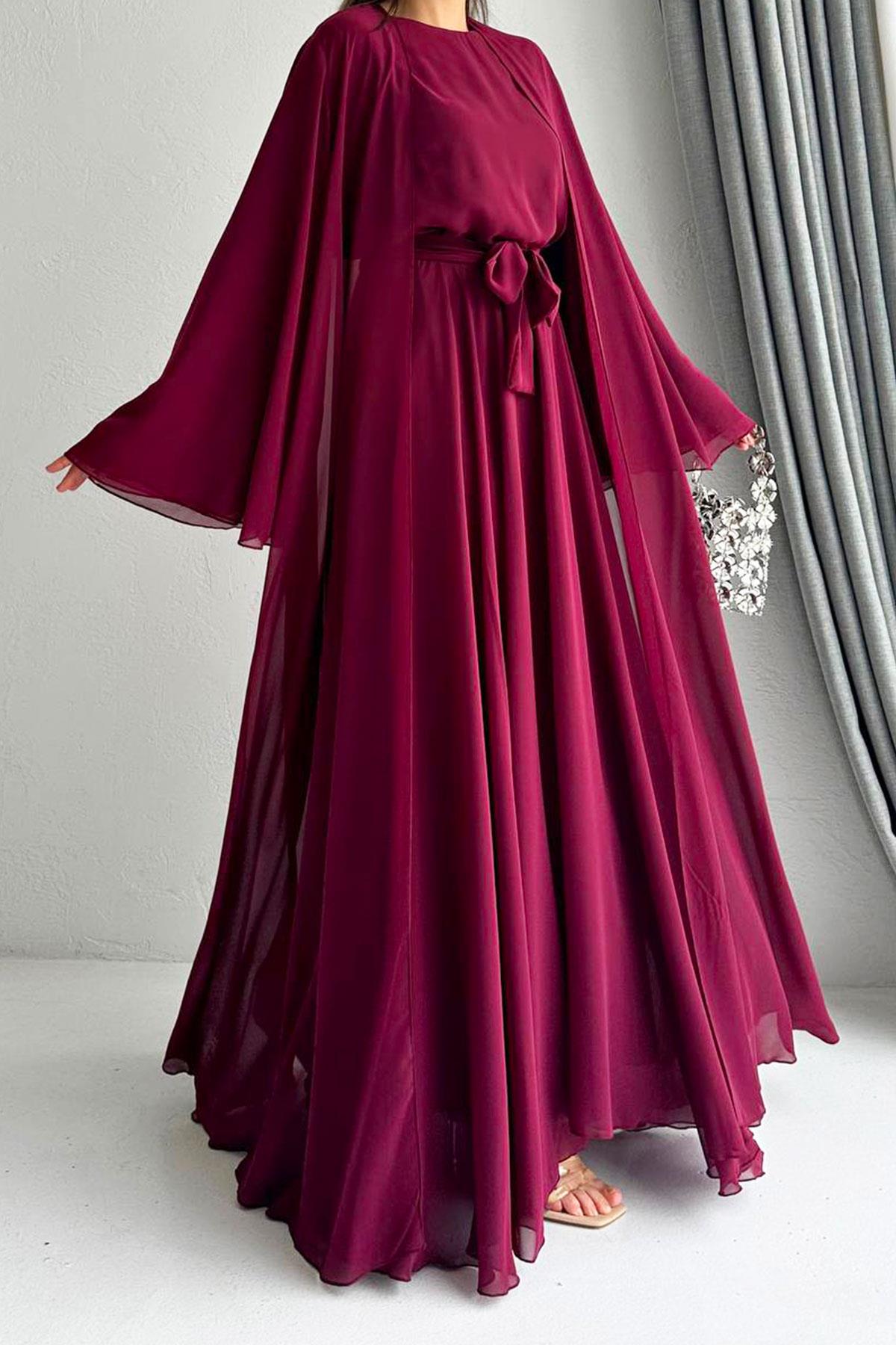 Bordo Bella Şifon Abaya Takım 