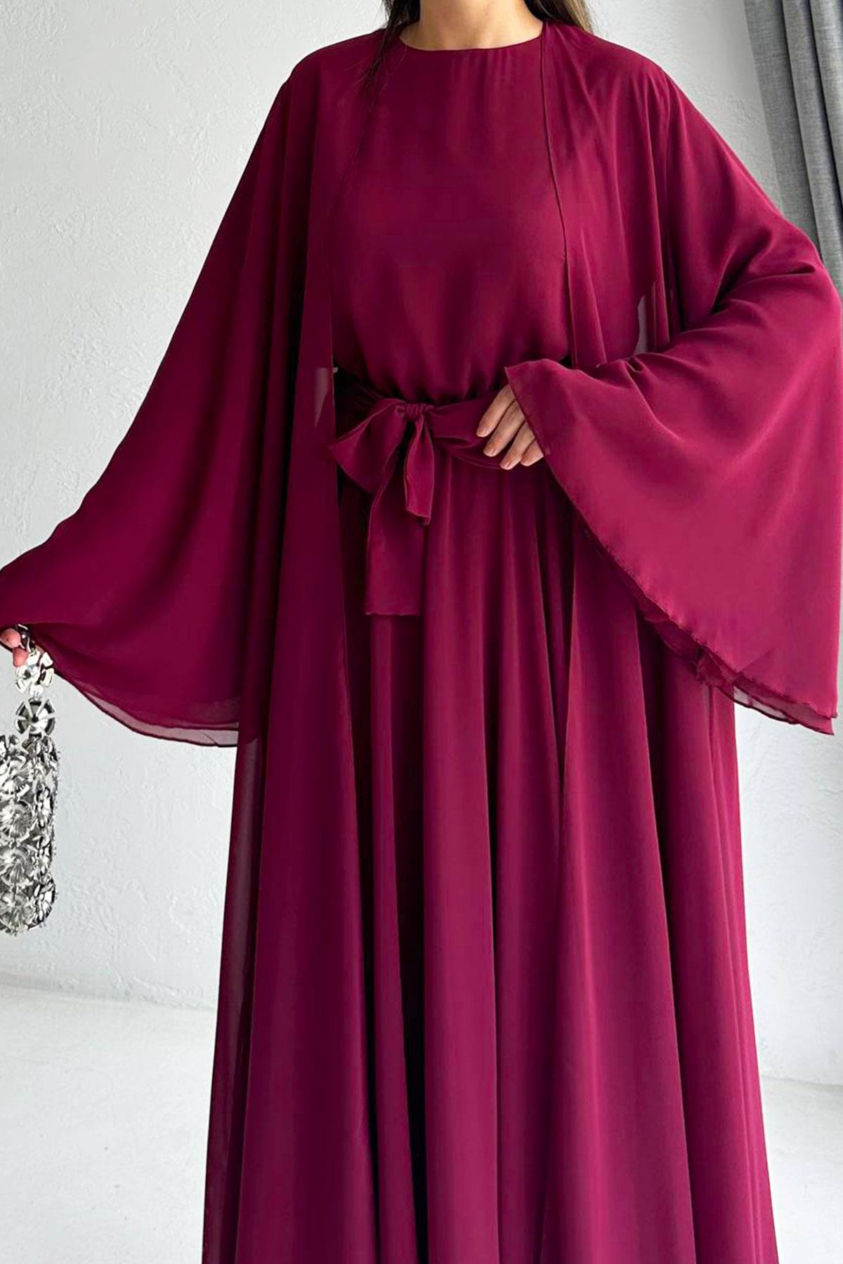 Bordo Bella Şifon Abaya Takım 