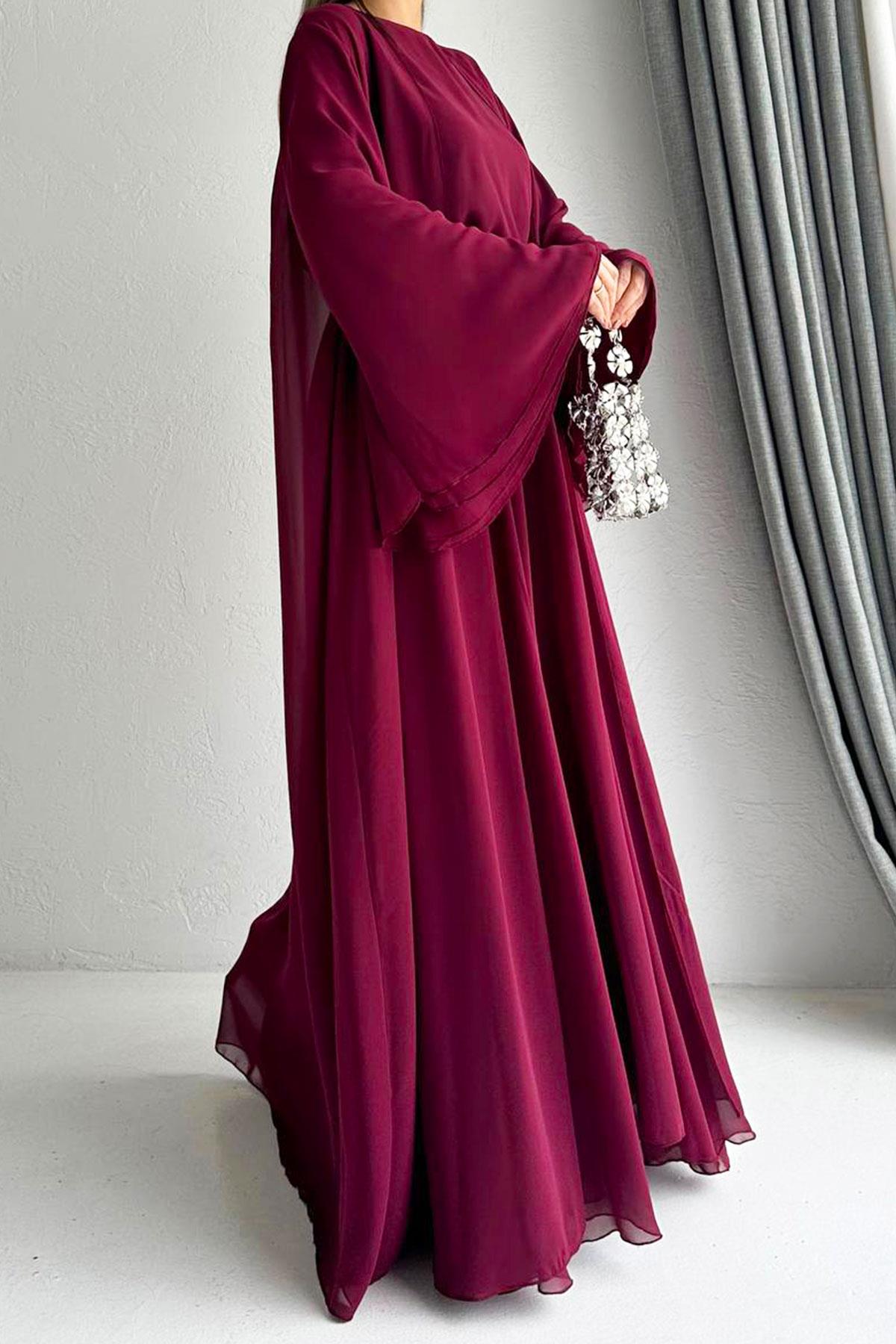 Bordo Bella Şifon Abaya Takım 