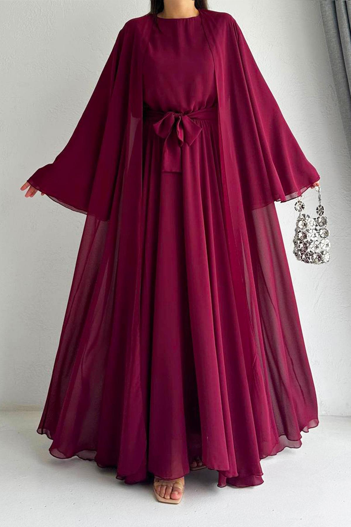 Bordo Bella Şifon Abaya Takım 