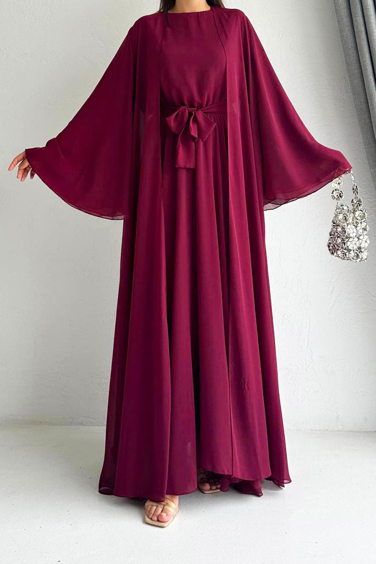 Bordo Bella Şifon Abaya Takım 