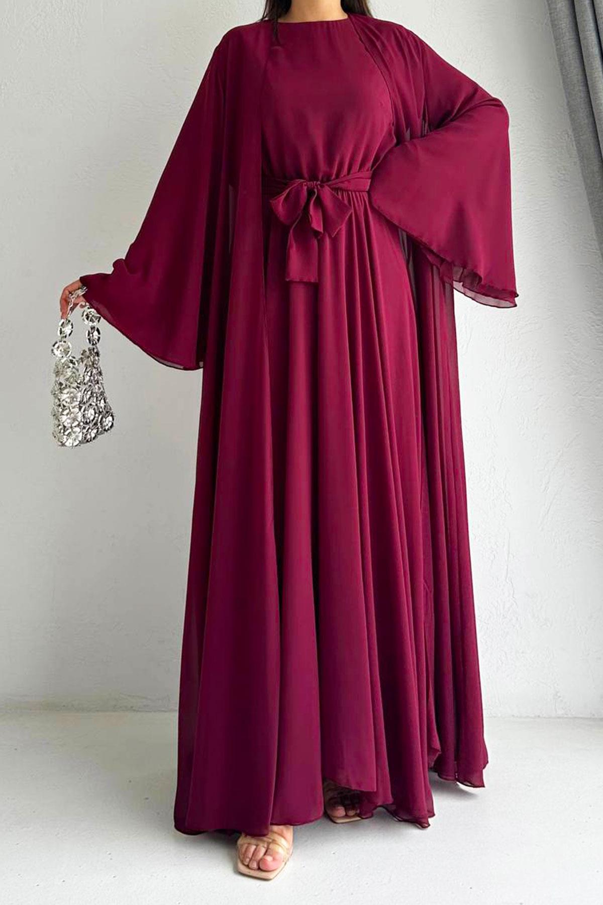 Bordo Bella Şifon Abaya Takım 