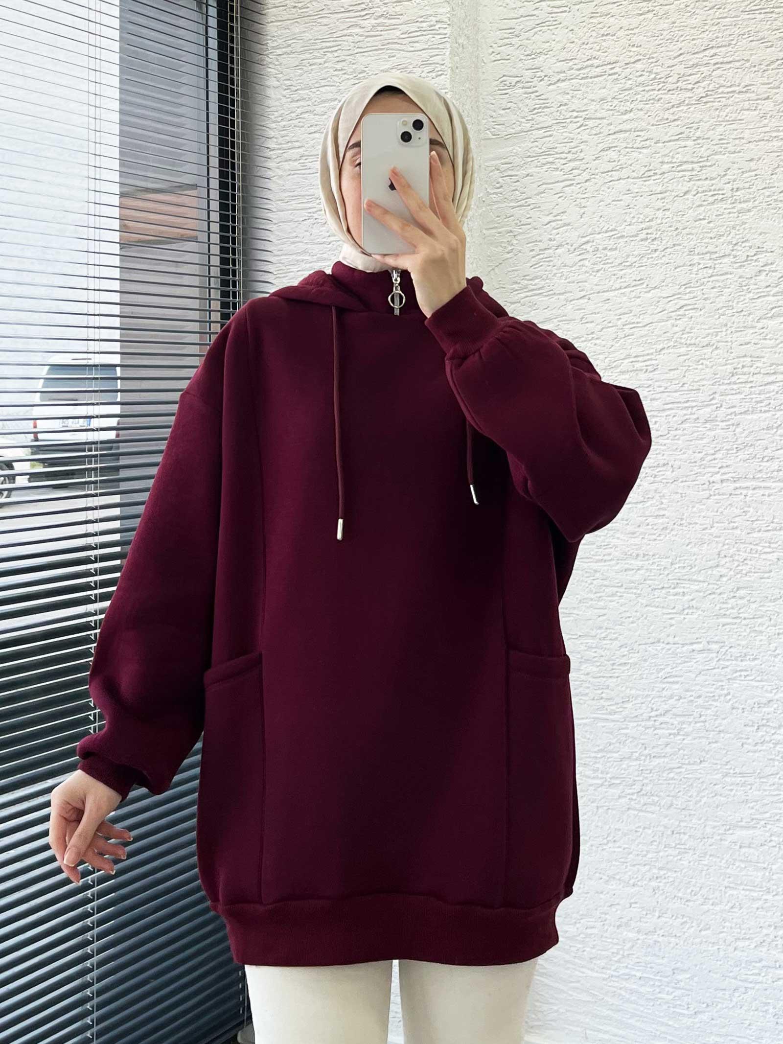 Bordo Cepli Oversize Kadın Sweat