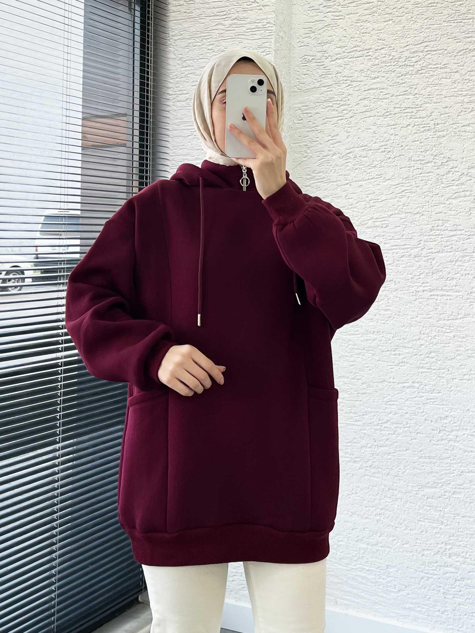 Bordo Cepli Oversize Kadın Sweat