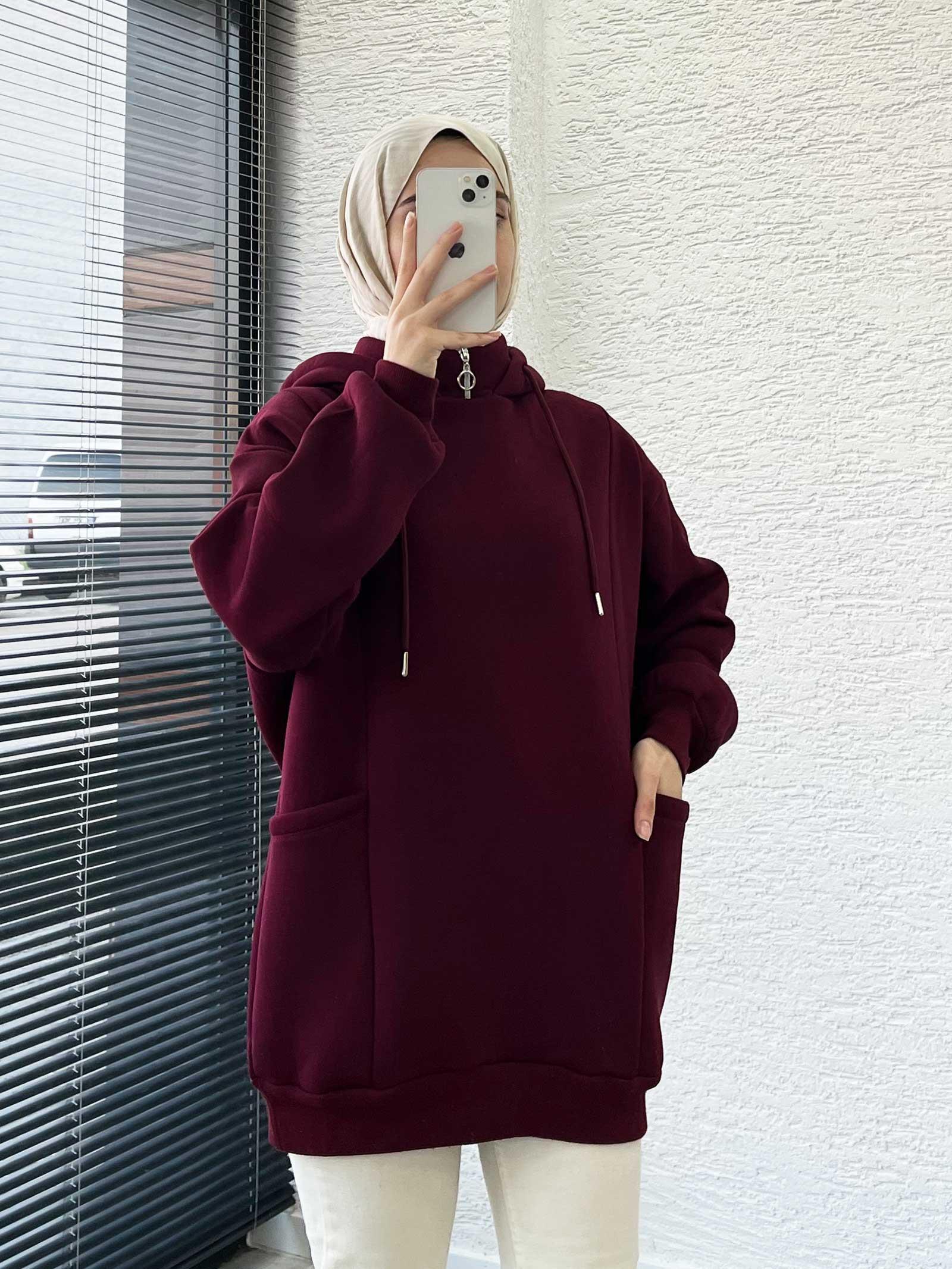 Bordo Cepli Oversize Kadın Sweat