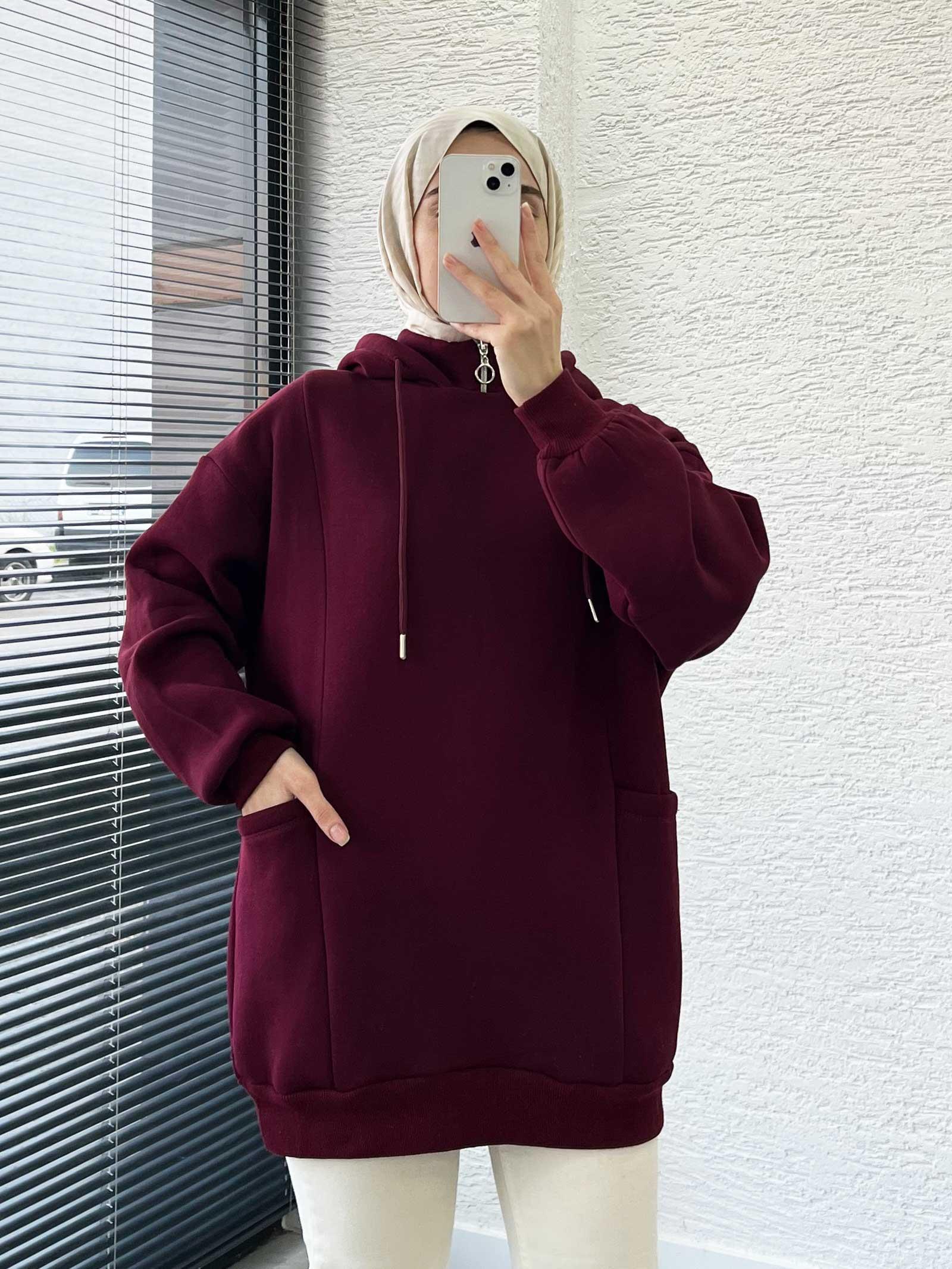 Bordo Cepli Oversize Kadın Sweat