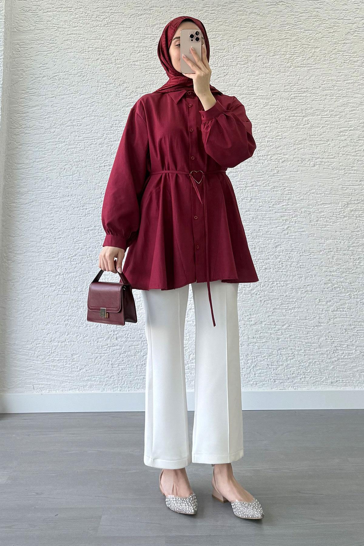 Bordo Kalp Kemerli Tunik