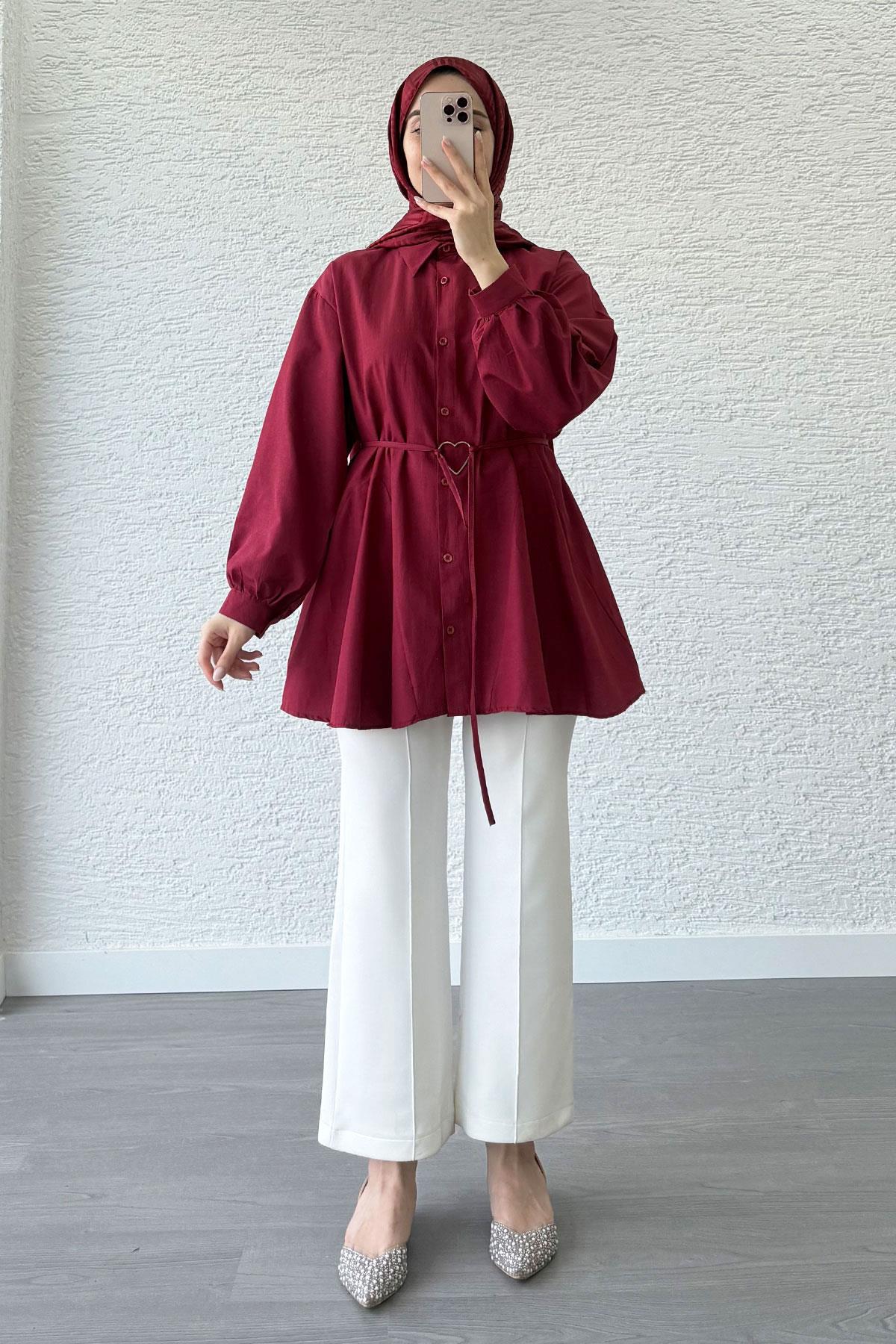 Bordo Kalp Kemerli Tunik