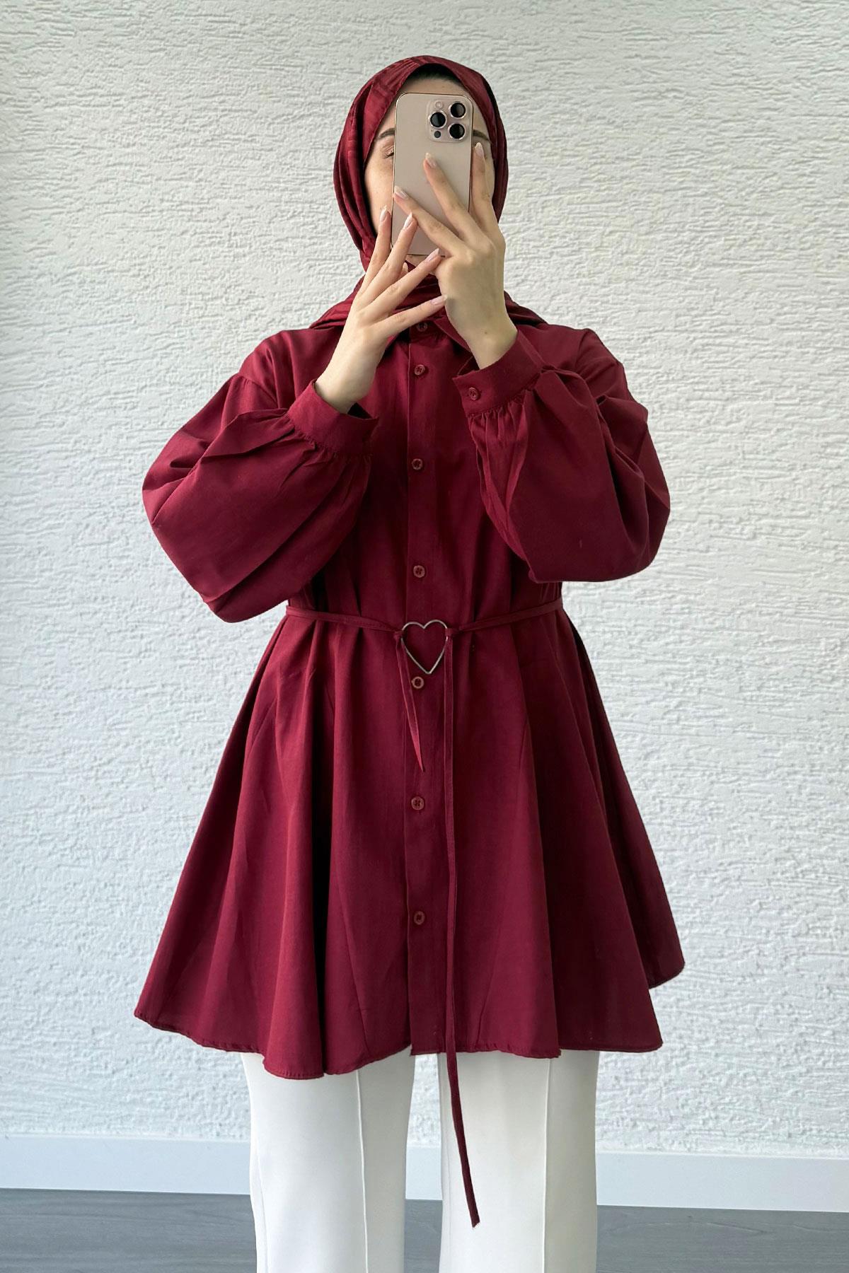 Bordo Kalp Kemerli Tunik