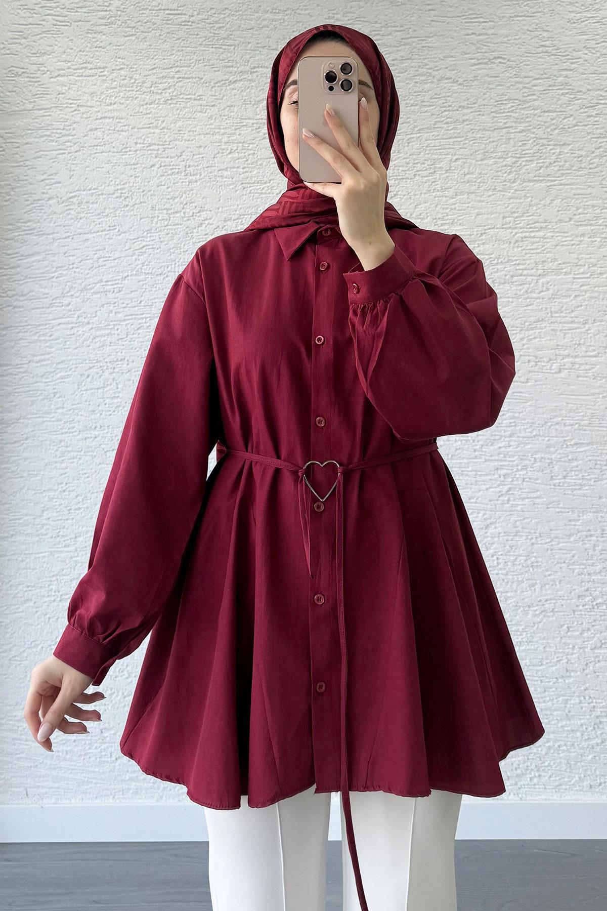 Bordo Kalp Kemerli Tunik