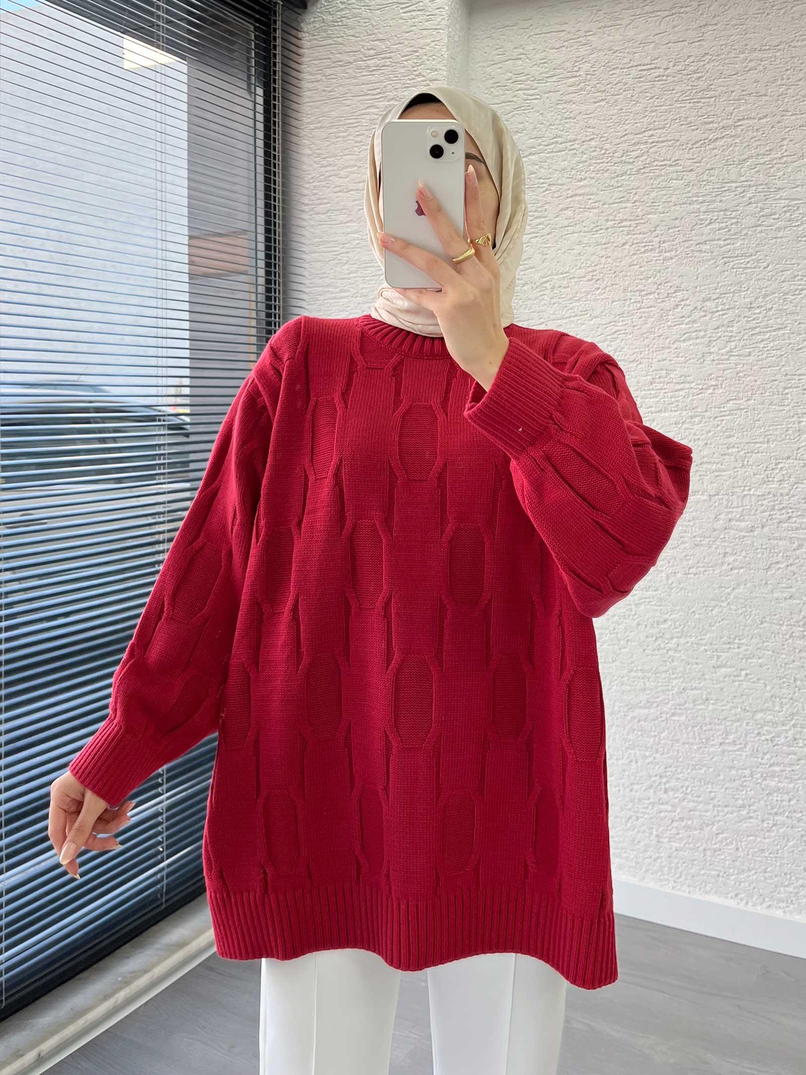 Bordo Kare Desenli Oversize Kadın Kazak