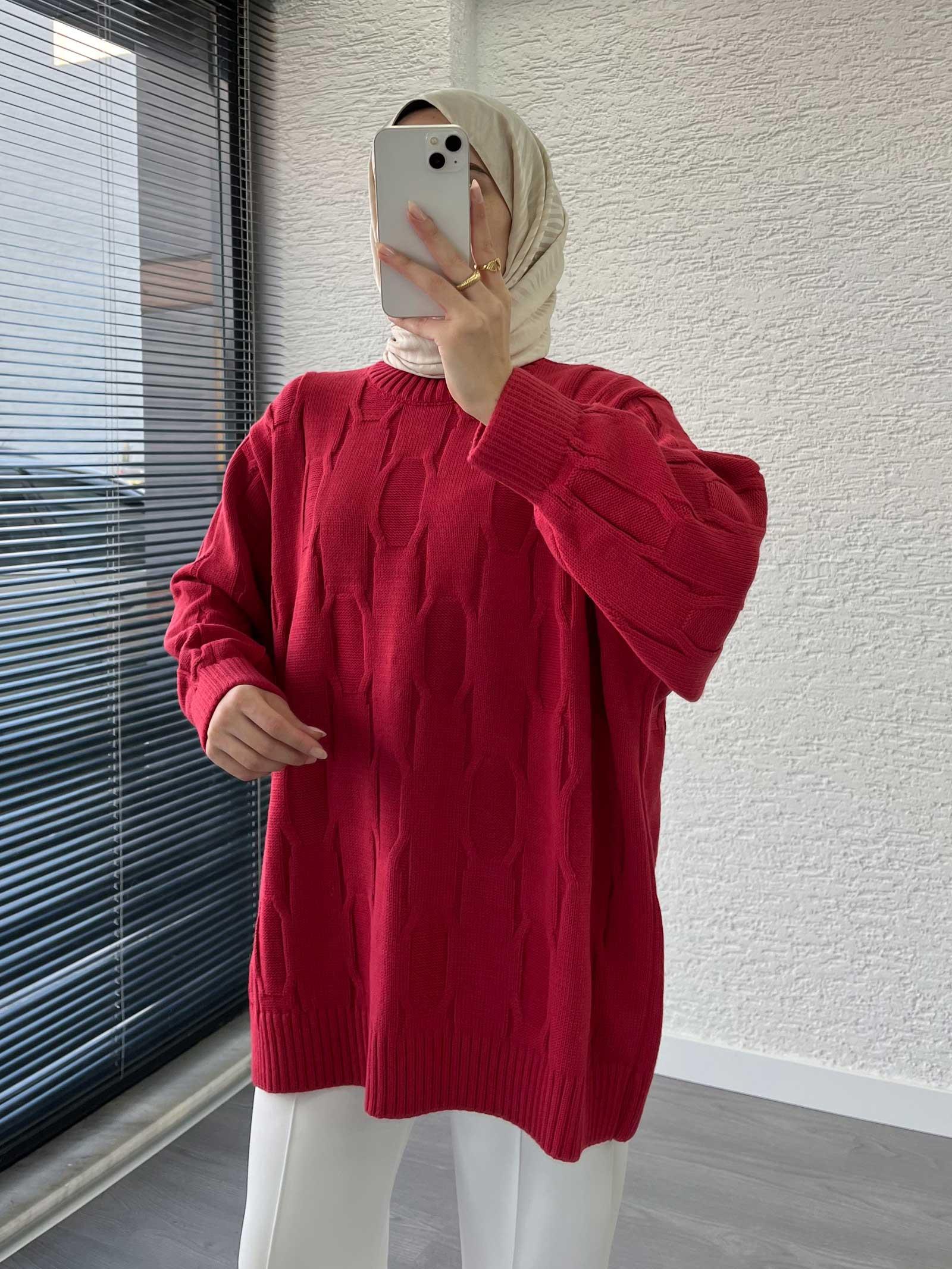 Bordo Kare Desenli Oversize Kadın Kazak