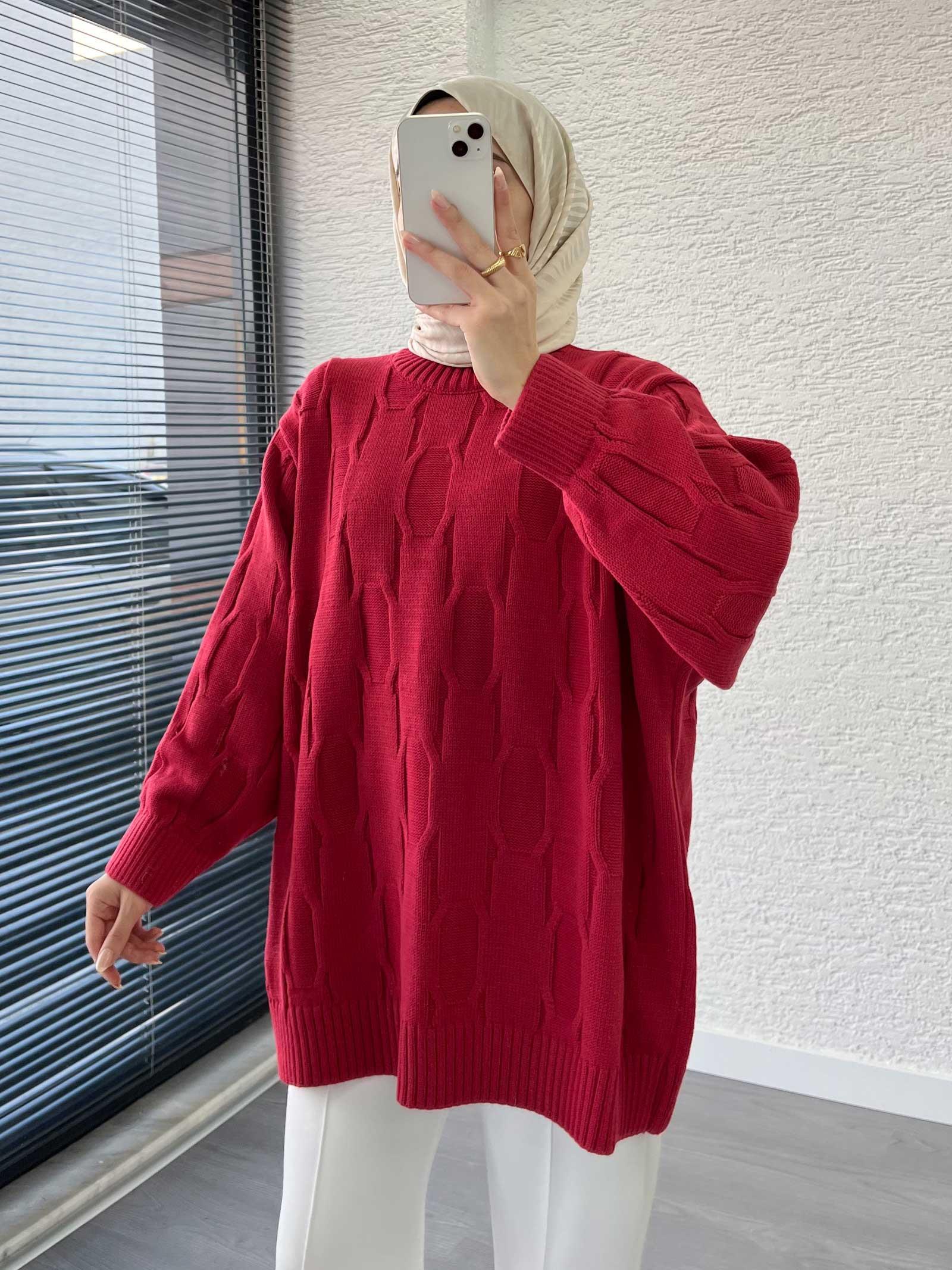 Bordo Kare Desenli Oversize Kadın Kazak