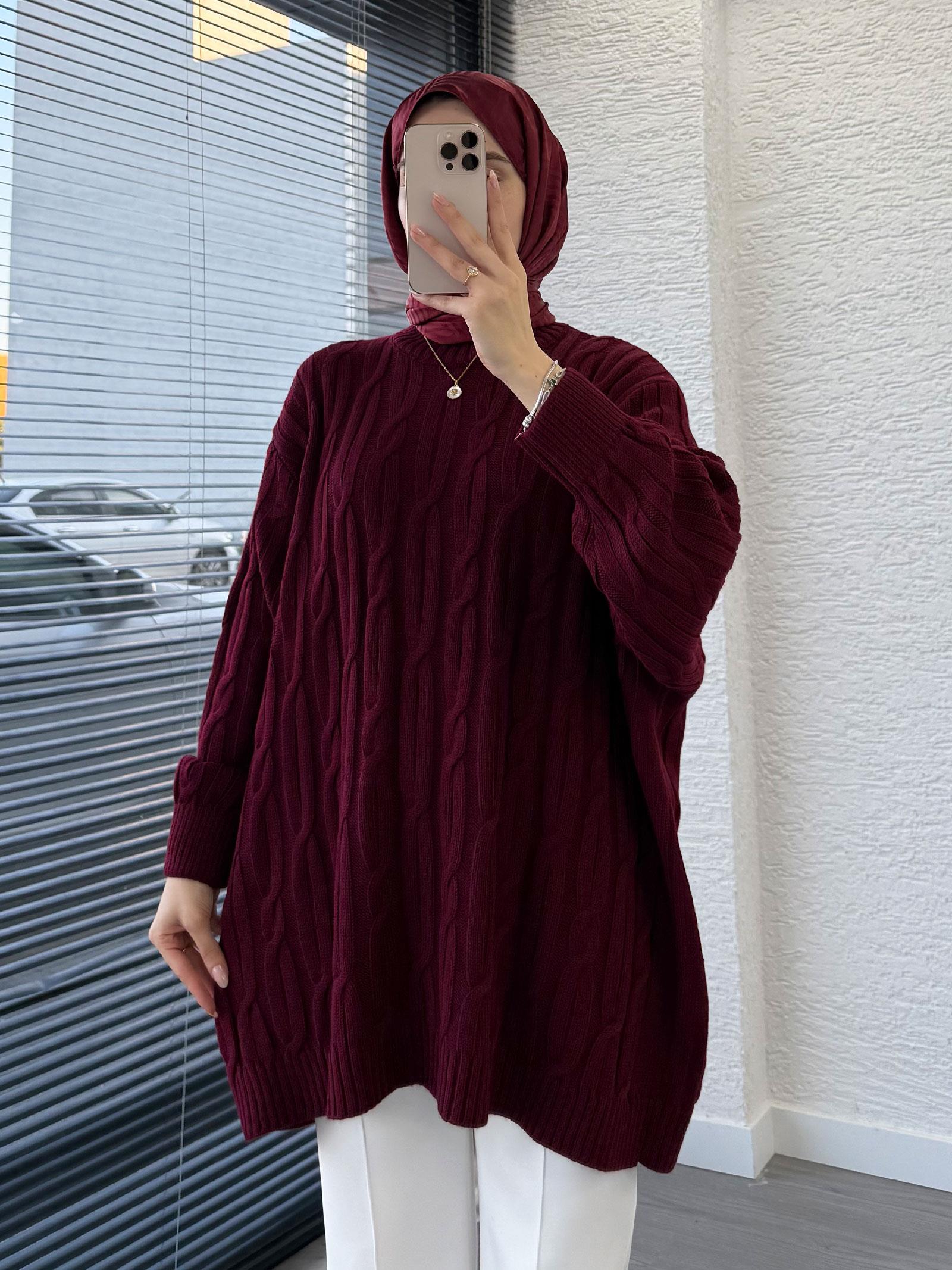 Bordo Örgü Desen Oversize Kadın Kazak