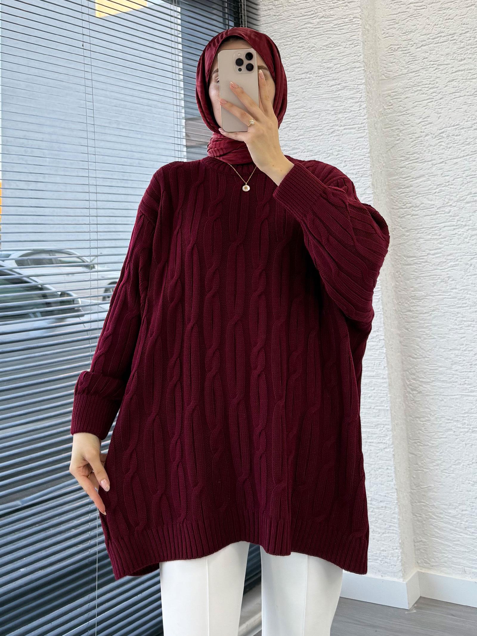 Bordo Örgü Desen Oversize Kadın Kazak