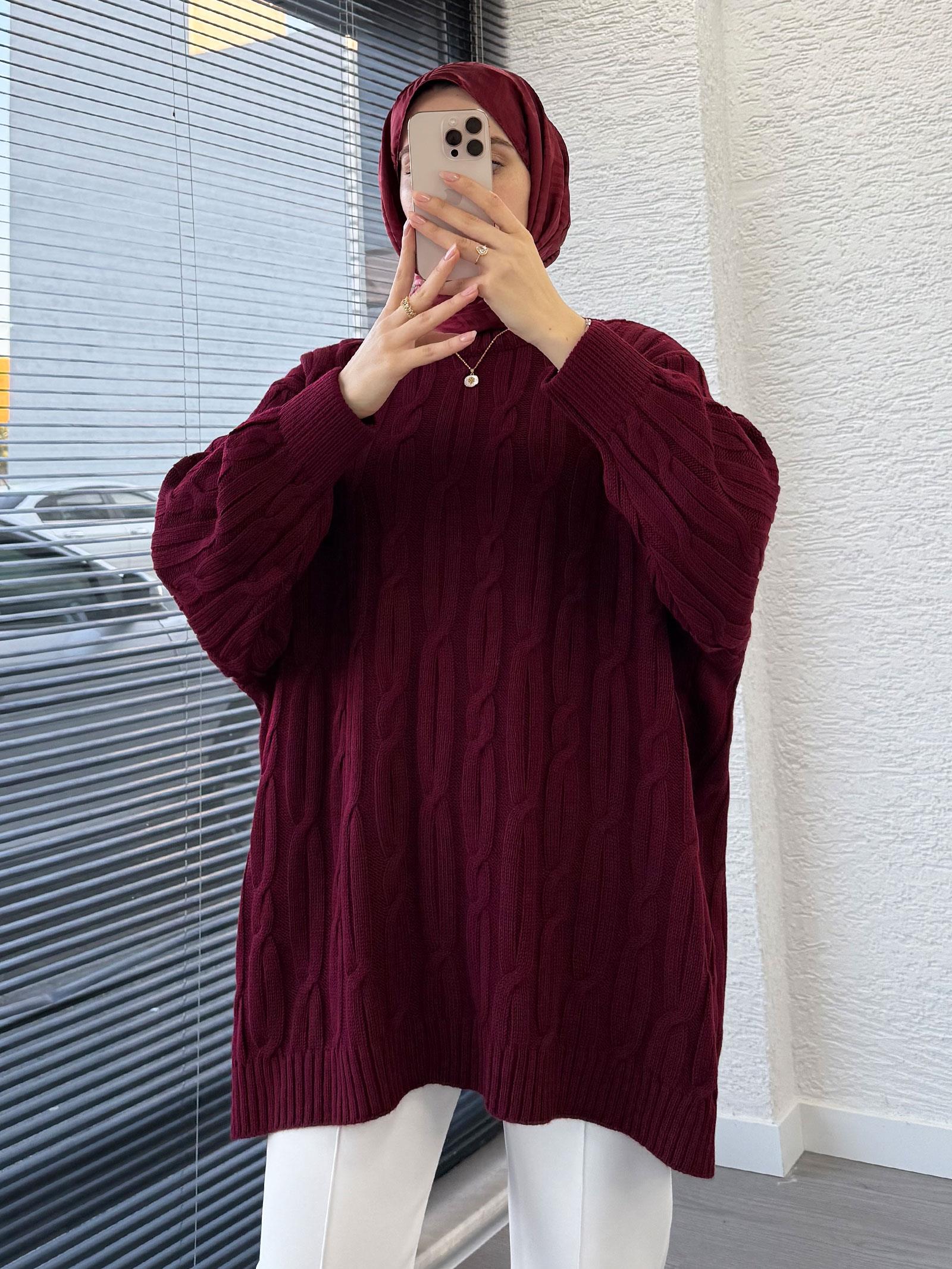 Bordo Örgü Desen Oversize Kadın Kazak