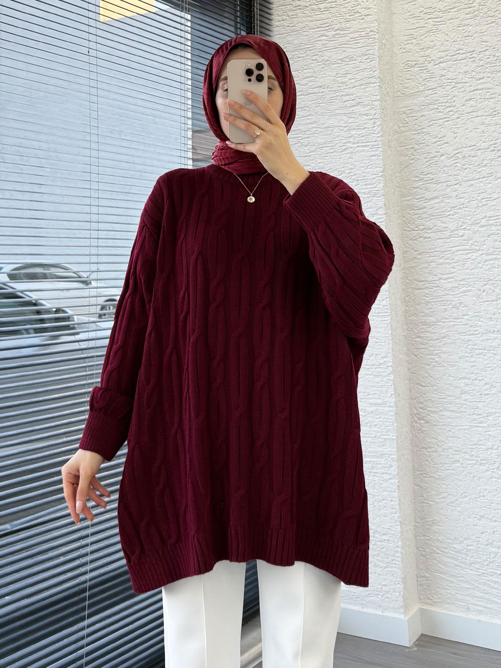 Bordo Örgü Desen Oversize Kadın Kazak