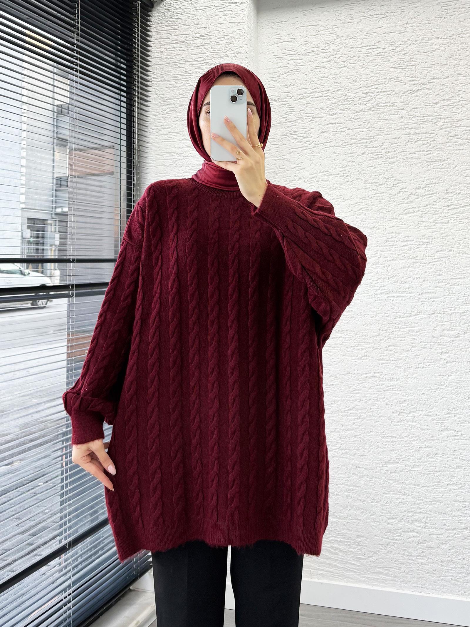 Bordo Örgü Desenli Oversize Kadın Kazak