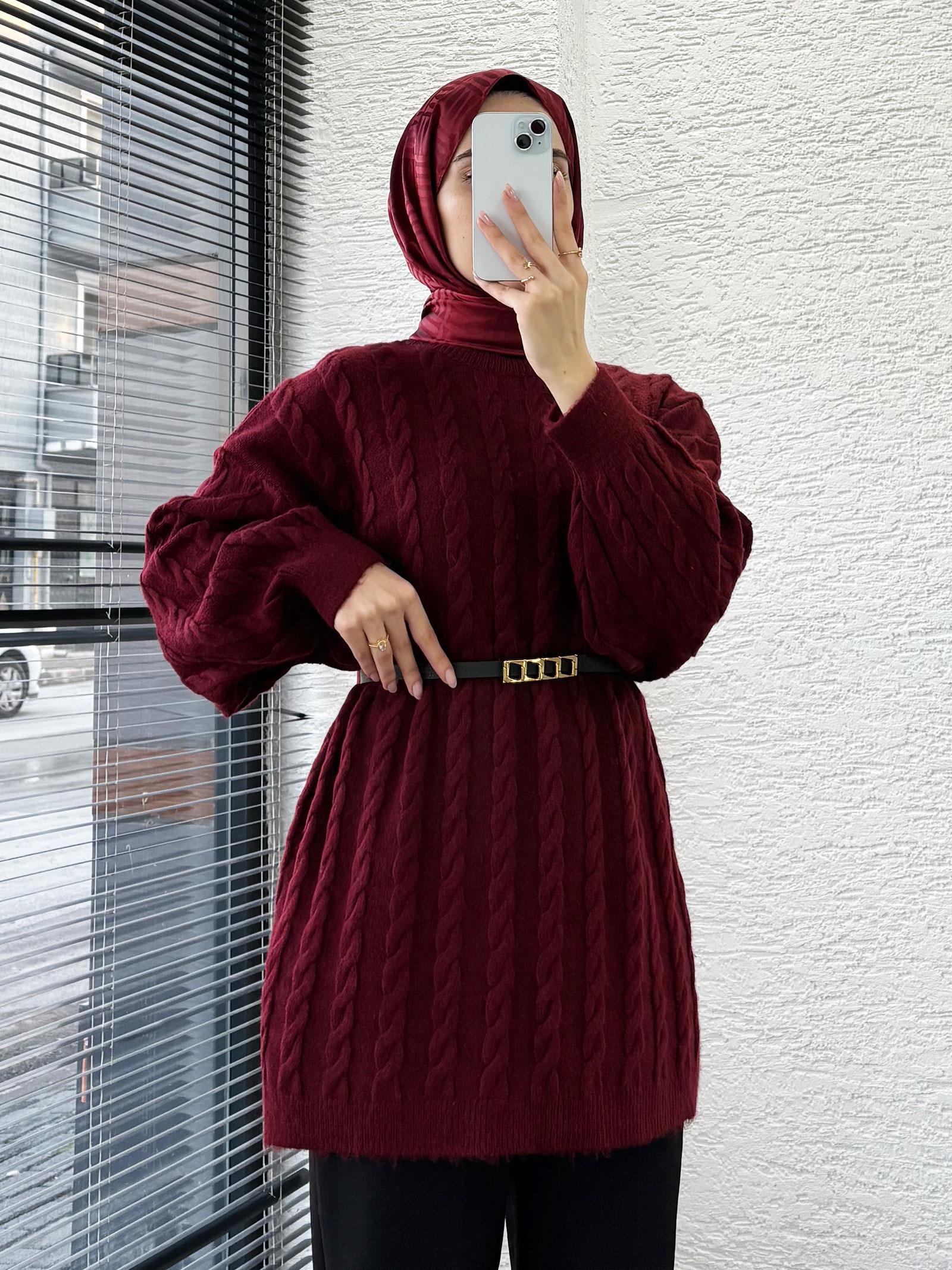 Bordo Örgü Desenli Oversize Kadın Kazak