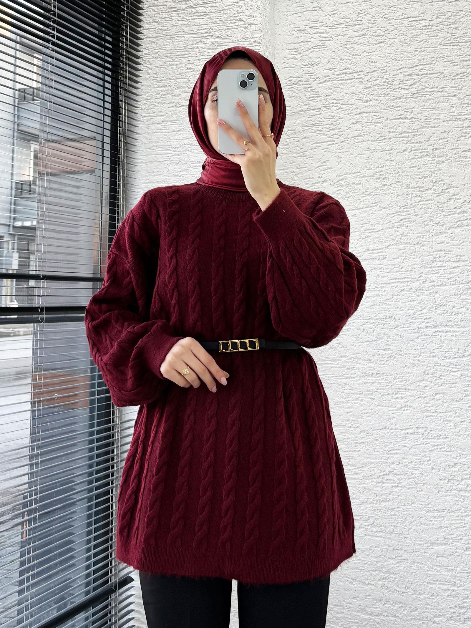 Bordo Örgü Desenli Oversize Kadın Kazak